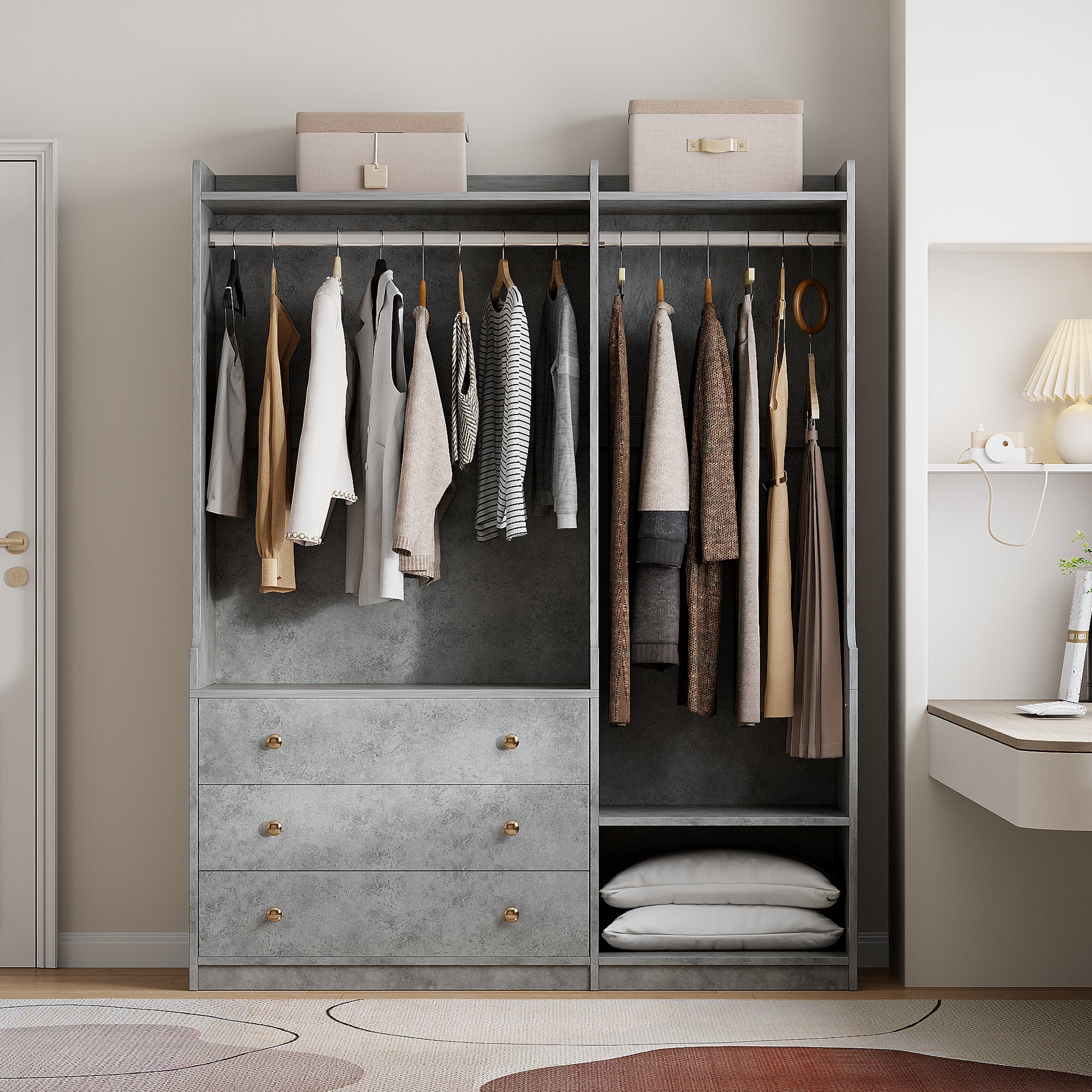 Gray Open Wooden Wardrobe Storage for Bedroom