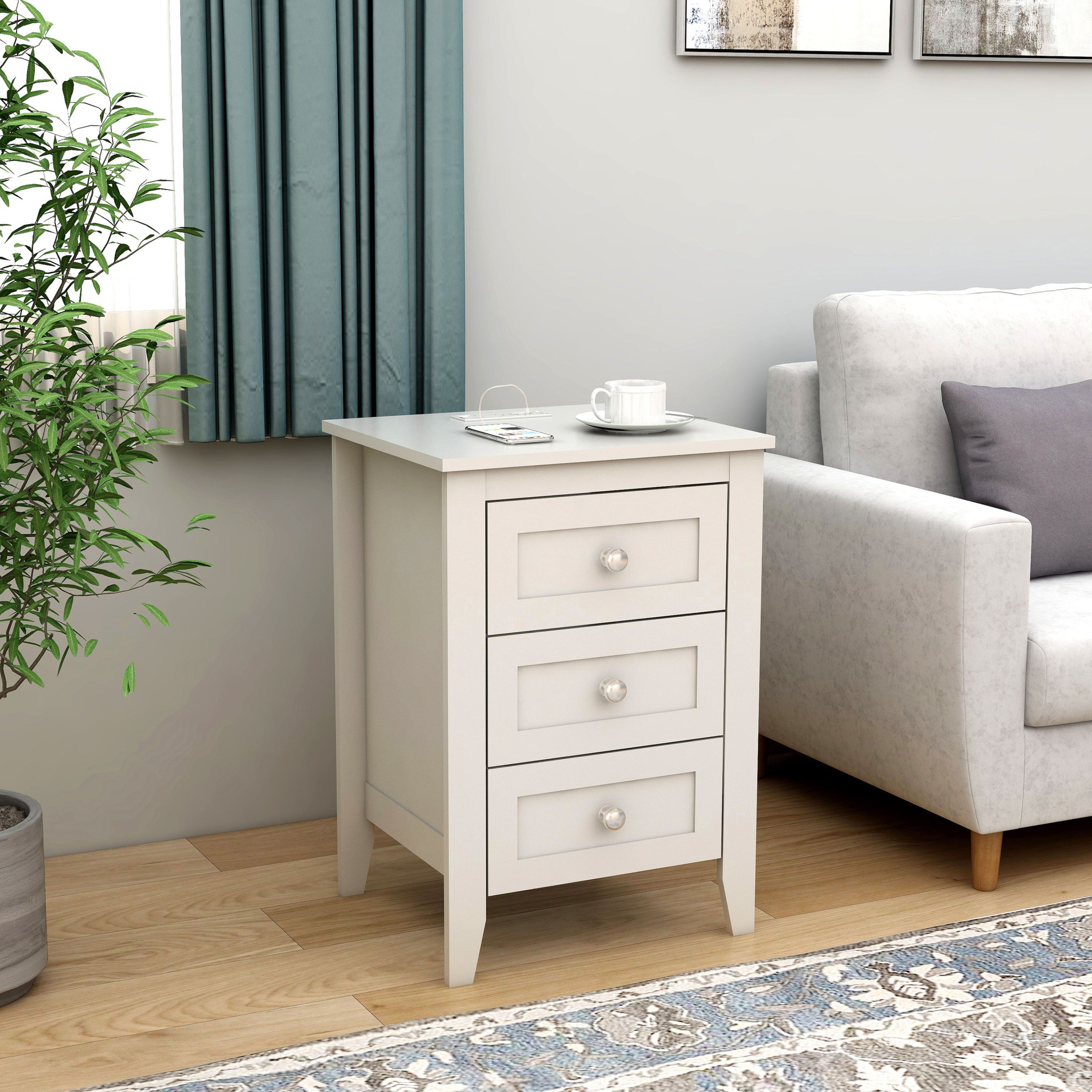 White 3-Drawer Bedside Table | Charging Station, USB, Power Outlets
