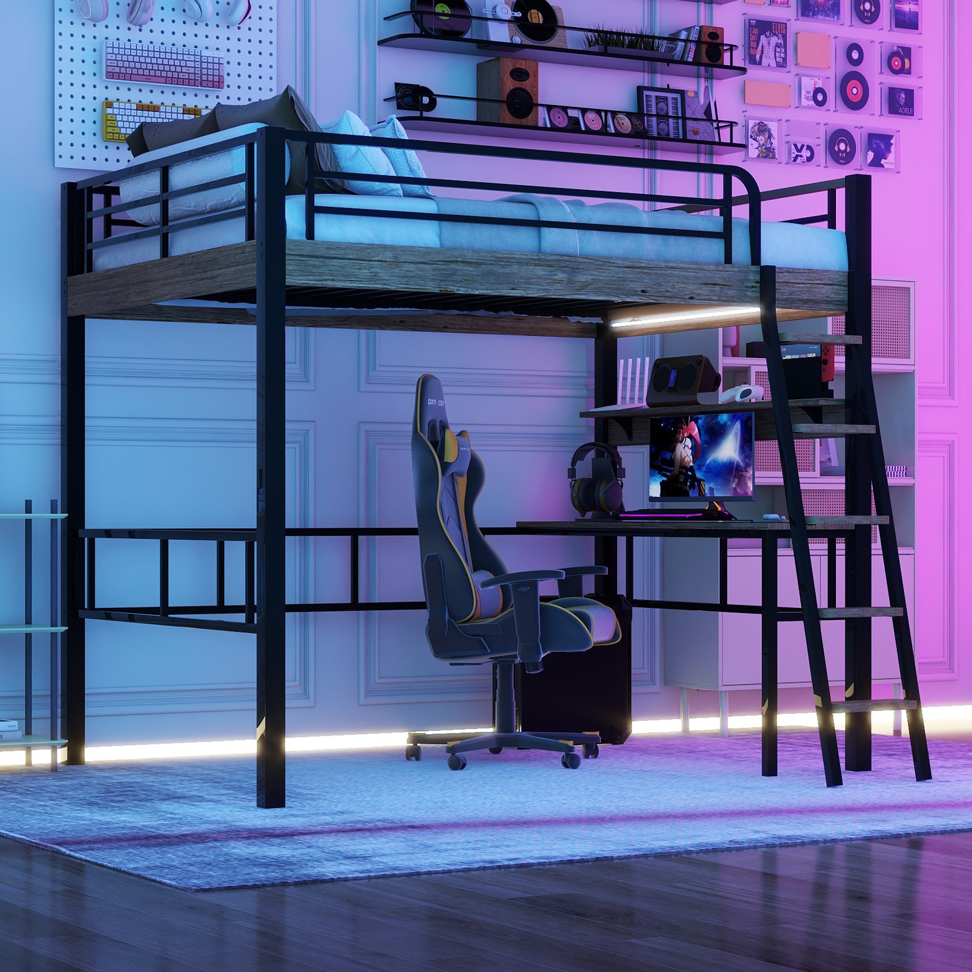 Black Metal Full Size Loft Bed with Desk, Storage, LED, Ladder