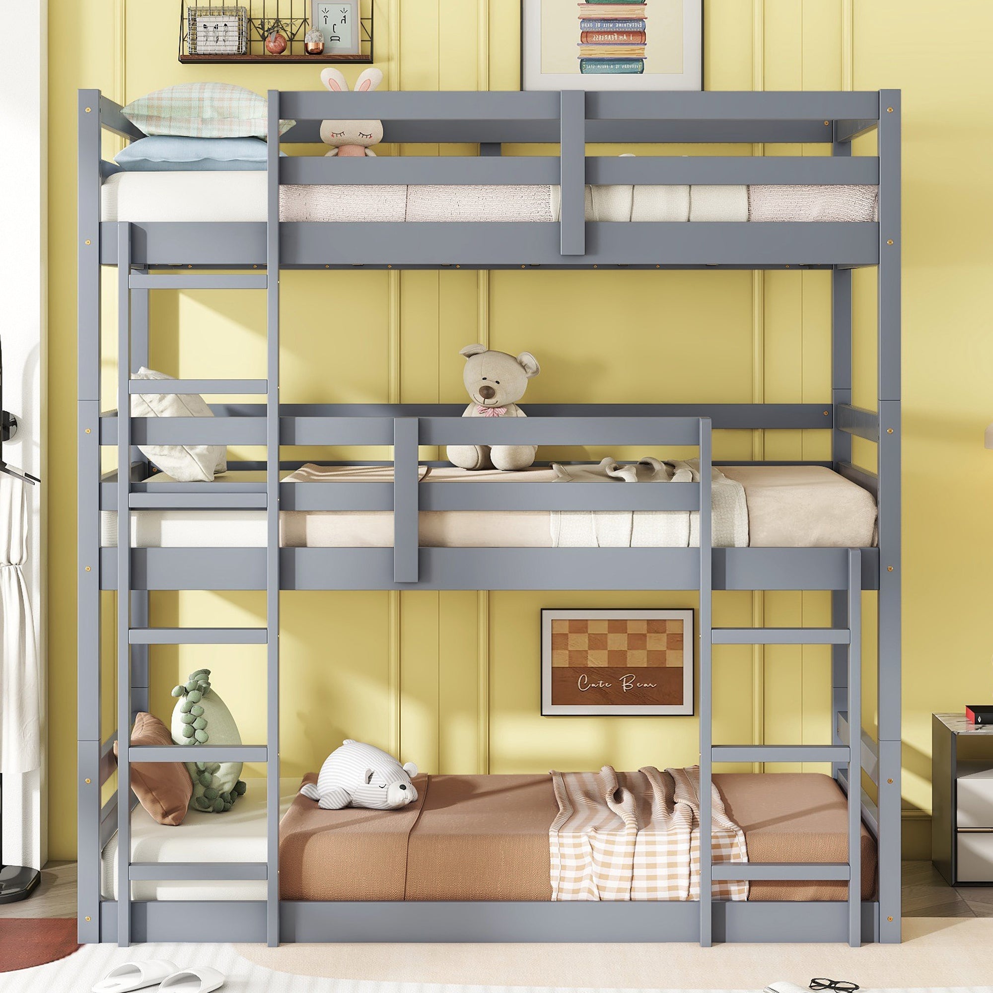 Grey Triple Twin Rubber Wood Bunk Bed - Detachable, Ladders