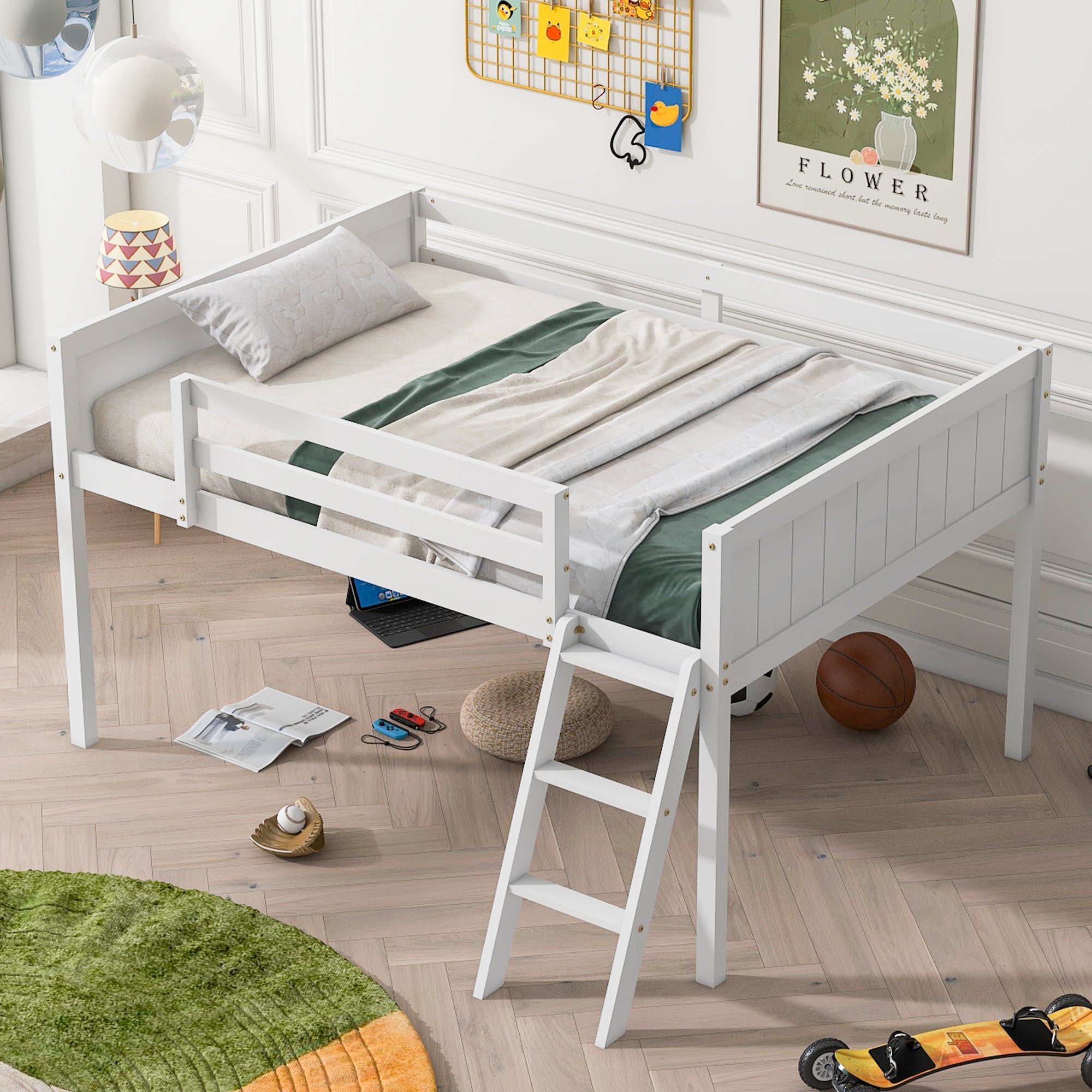 Full Size Wood Low Loft Bed with Reversible Ladder, White