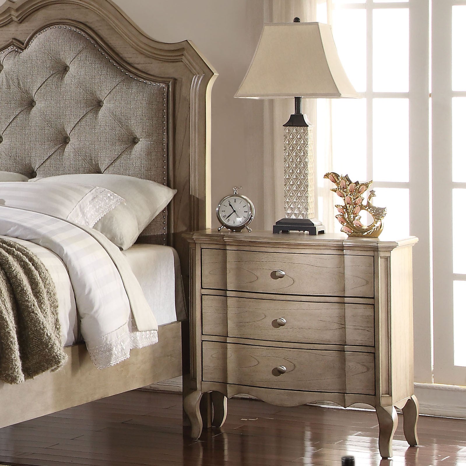 Antique Taupe 3-Drawer Nightstand | Vintage Bedroom Storage