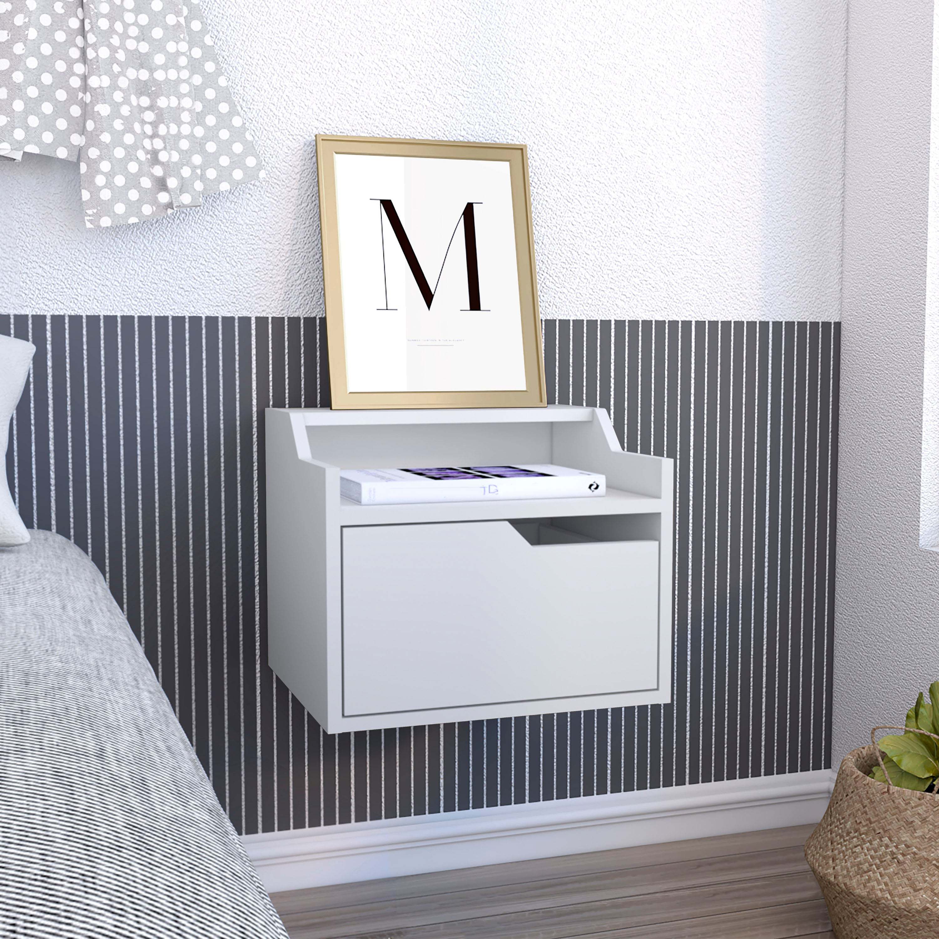 Busan Modern Floating Nightstand - End Side Table, White, 1-Drawer