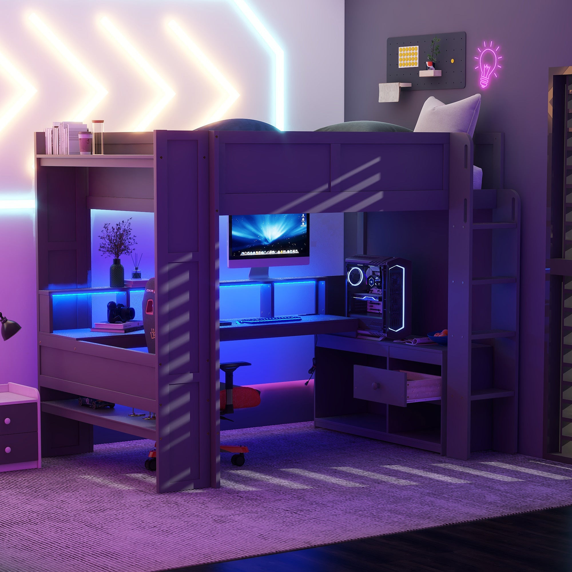 Full Size Gaming Loft Bed: Desk, Shelves, LED, Charge - Dark Gray