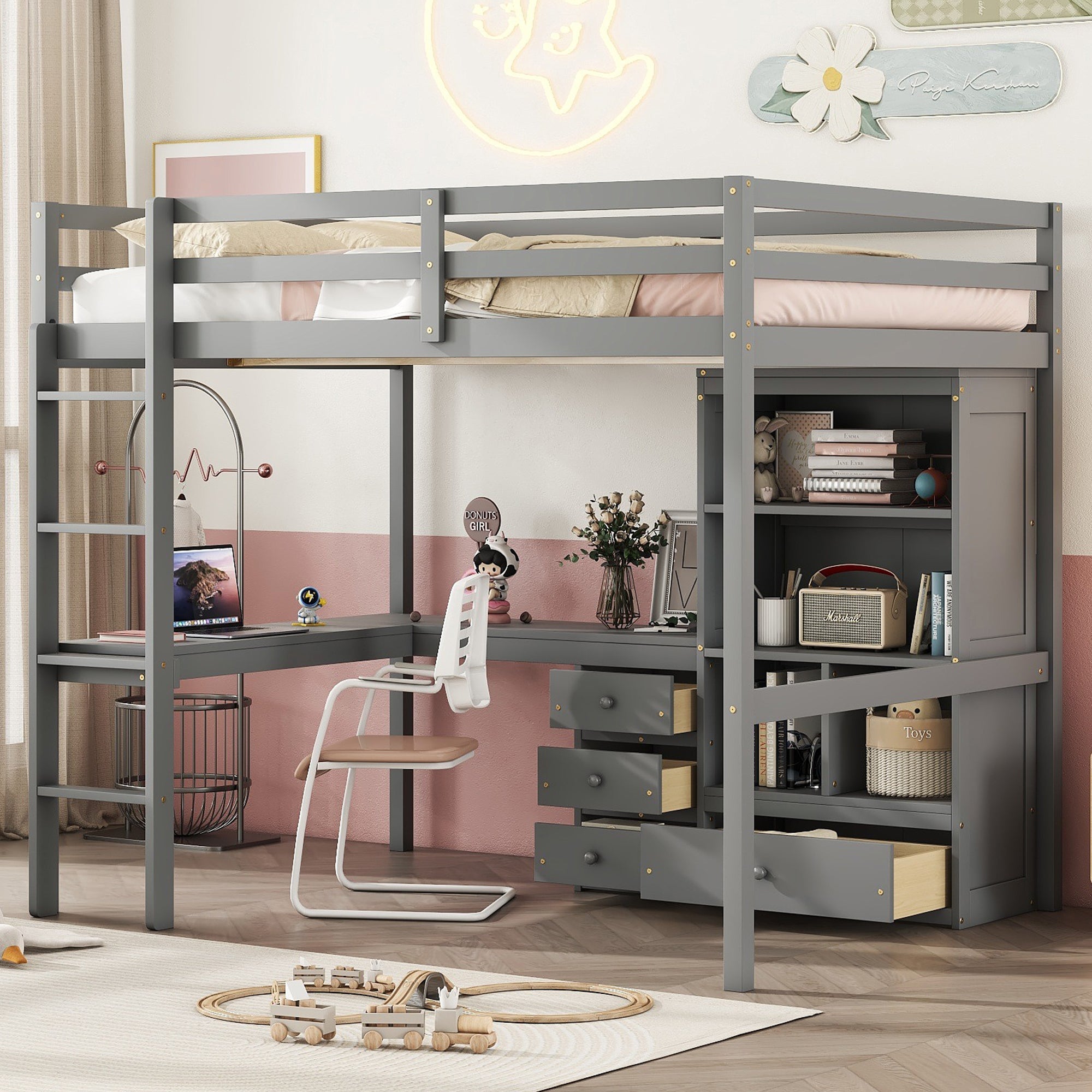 Full Size Grey High Wood Loft Bed with Desk, Storage, Drawers, Ladder