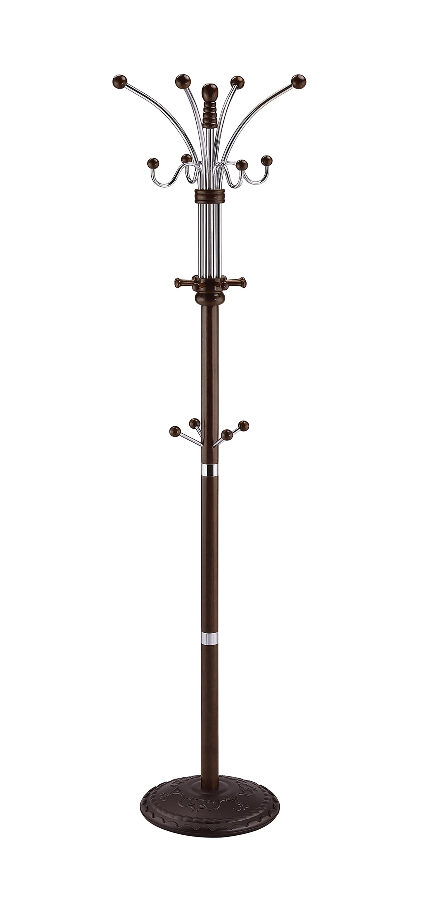 73" Chrome & Wood Coat Rack - Espresso Finish Hall Tree
