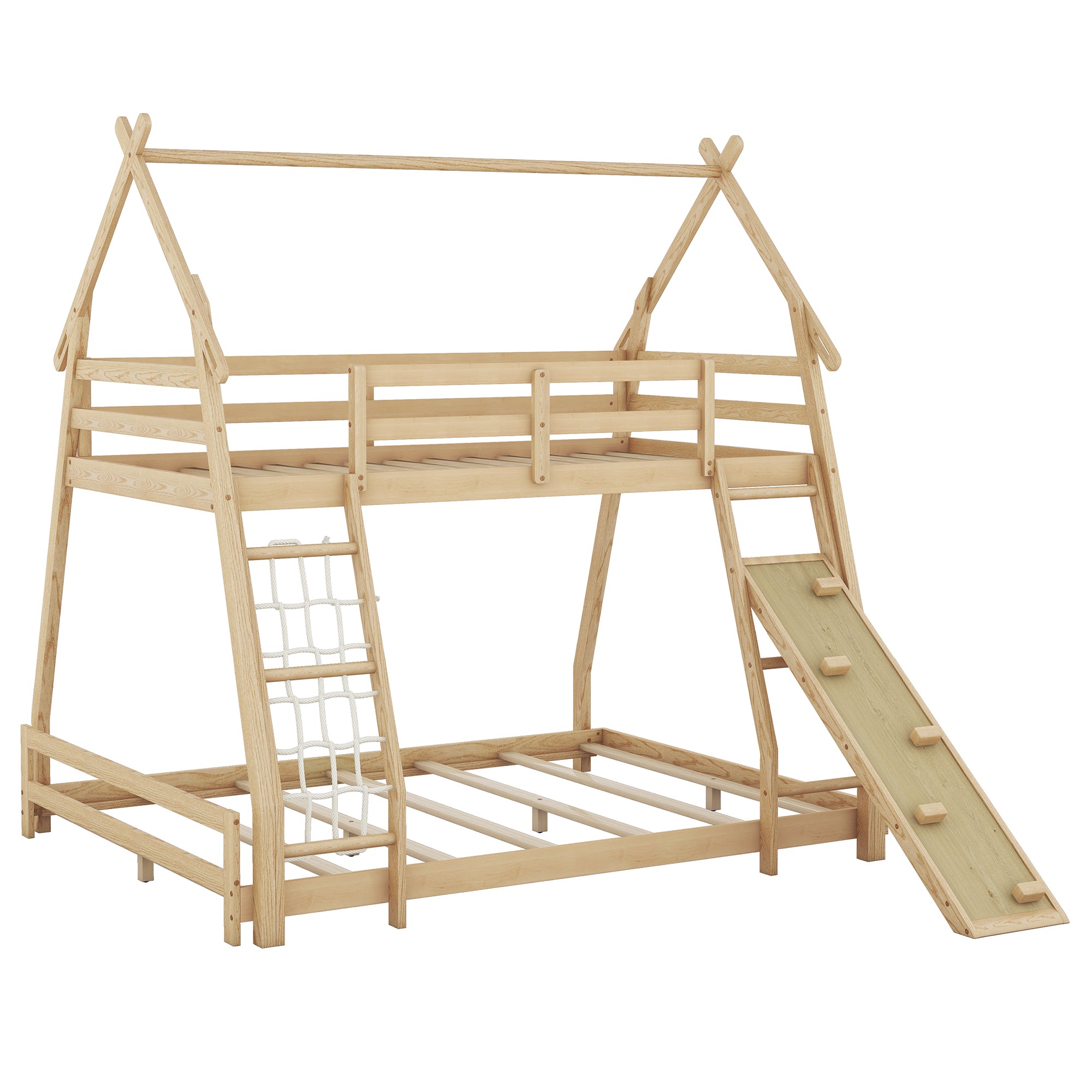 Twin over Queen House Bunk Bed w/ Climbing Nets & Ramp - Natural
