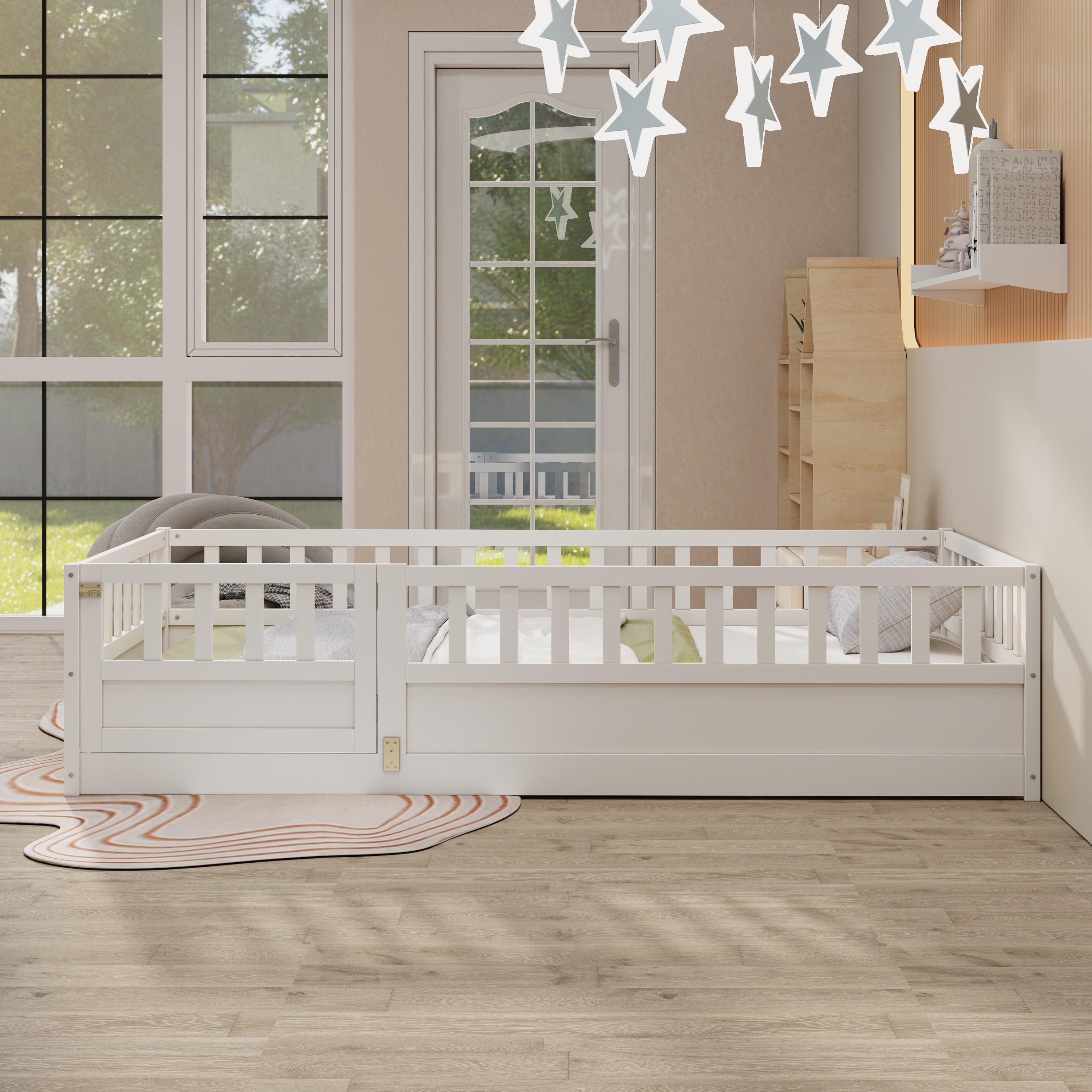 Twin Floor Bed Frame w/Barrier & Door: Montessori Kids Wood Slats White
