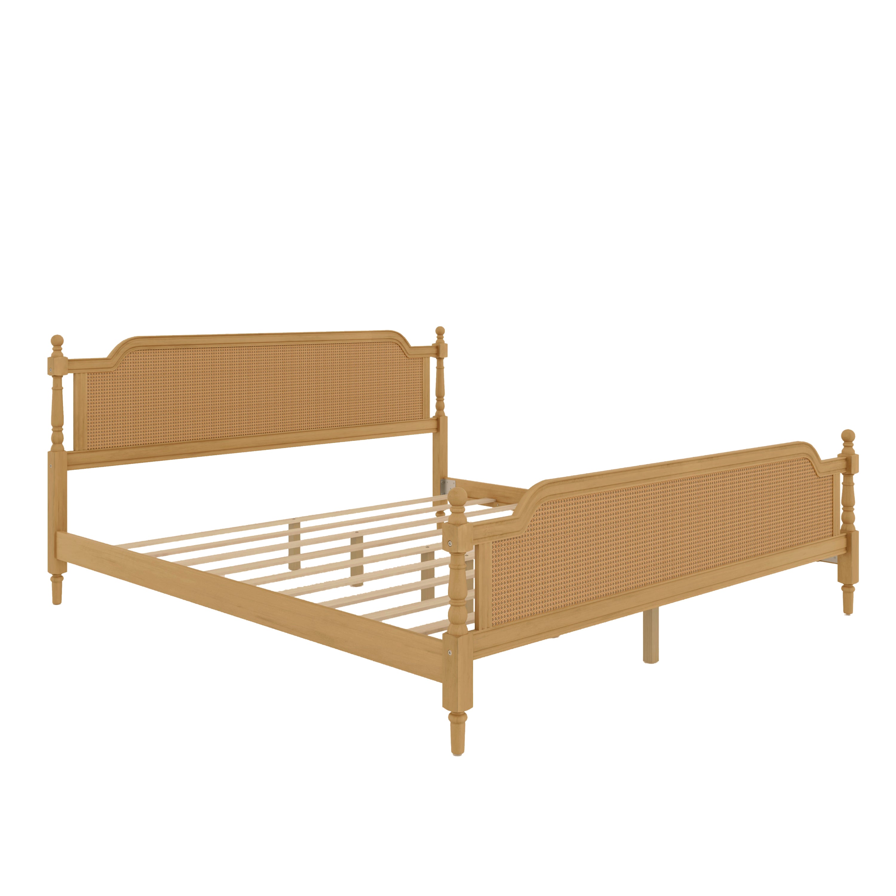 Traditional Rattan King Bed Frame, No Box Spring, Antique Walnut Finish