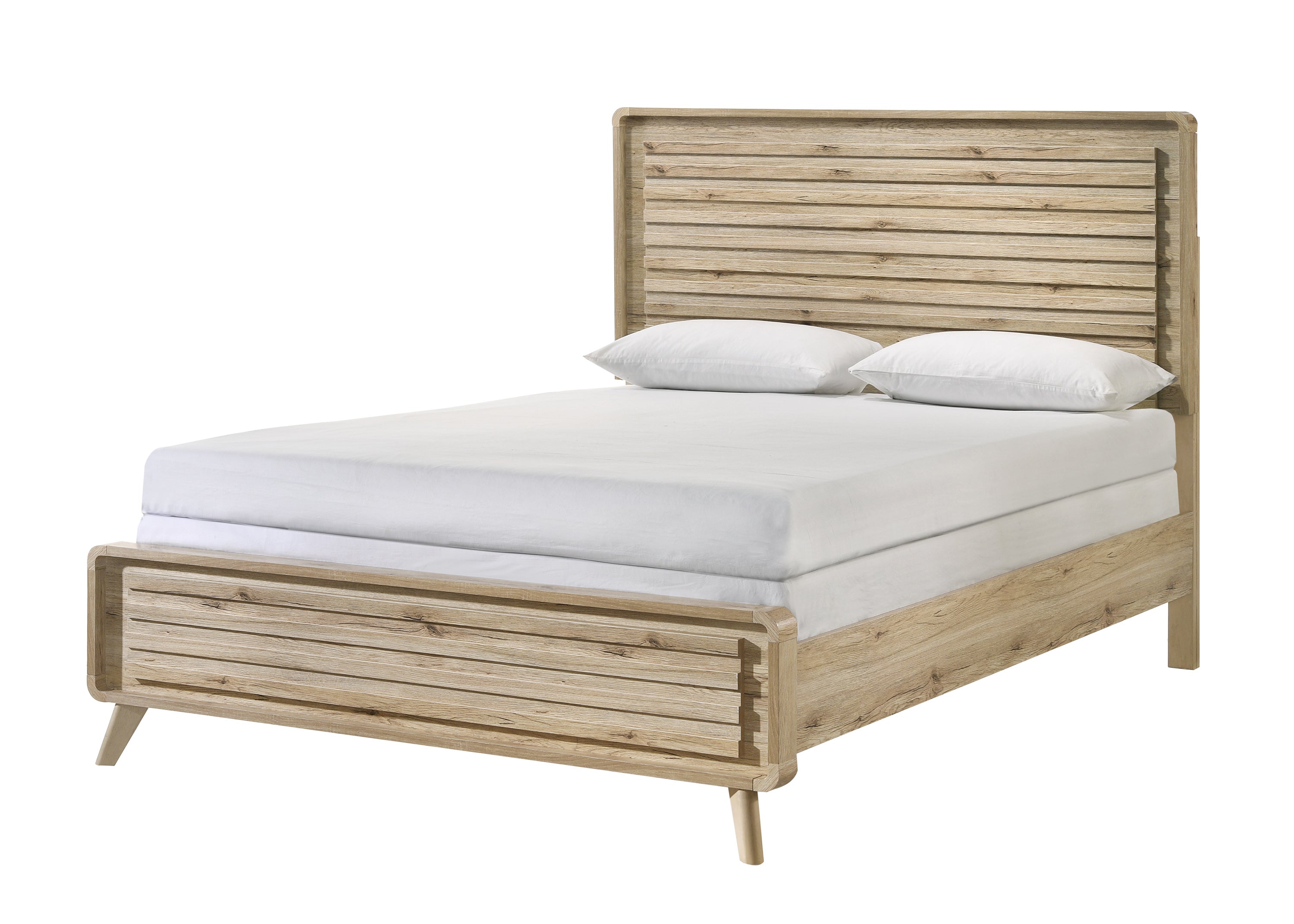Mid-Century Queen Slatted Panel Bed: Warm Wood Finish