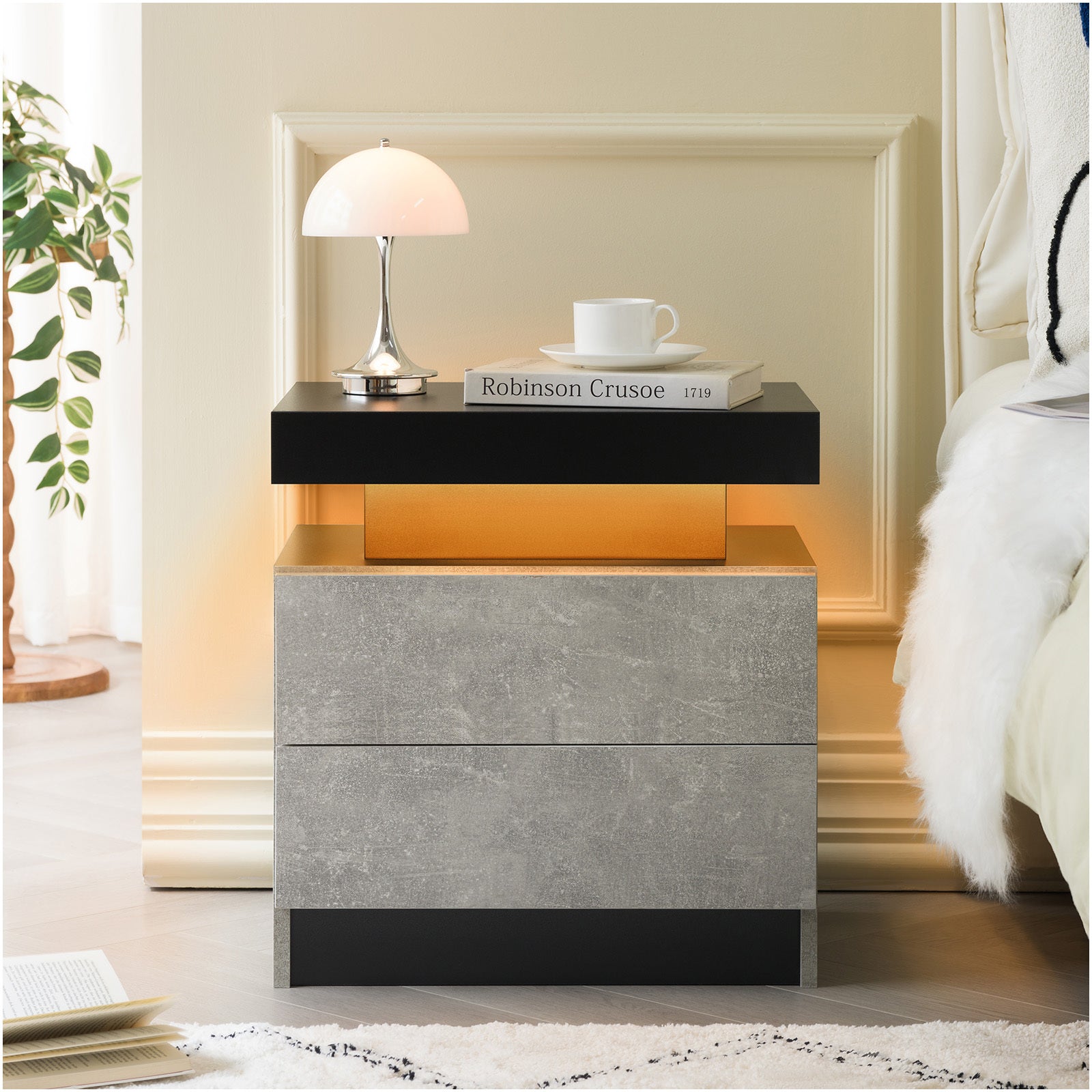 Modern LED Nightstand Bedside Table with 2 Drawers - Black+Gray