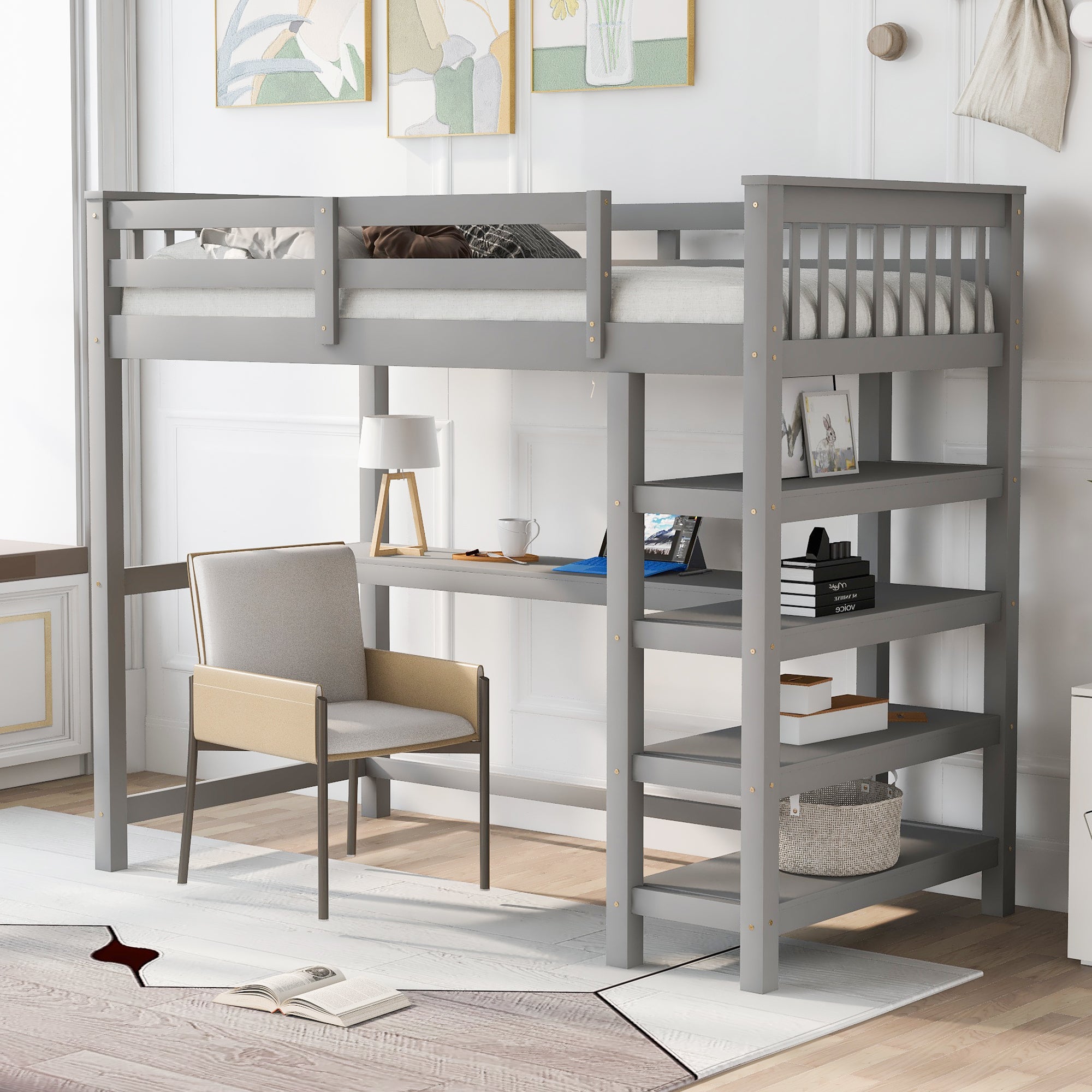 Twin Size Loft Bed with Storage Shelves & Under-bed Desk - Gray