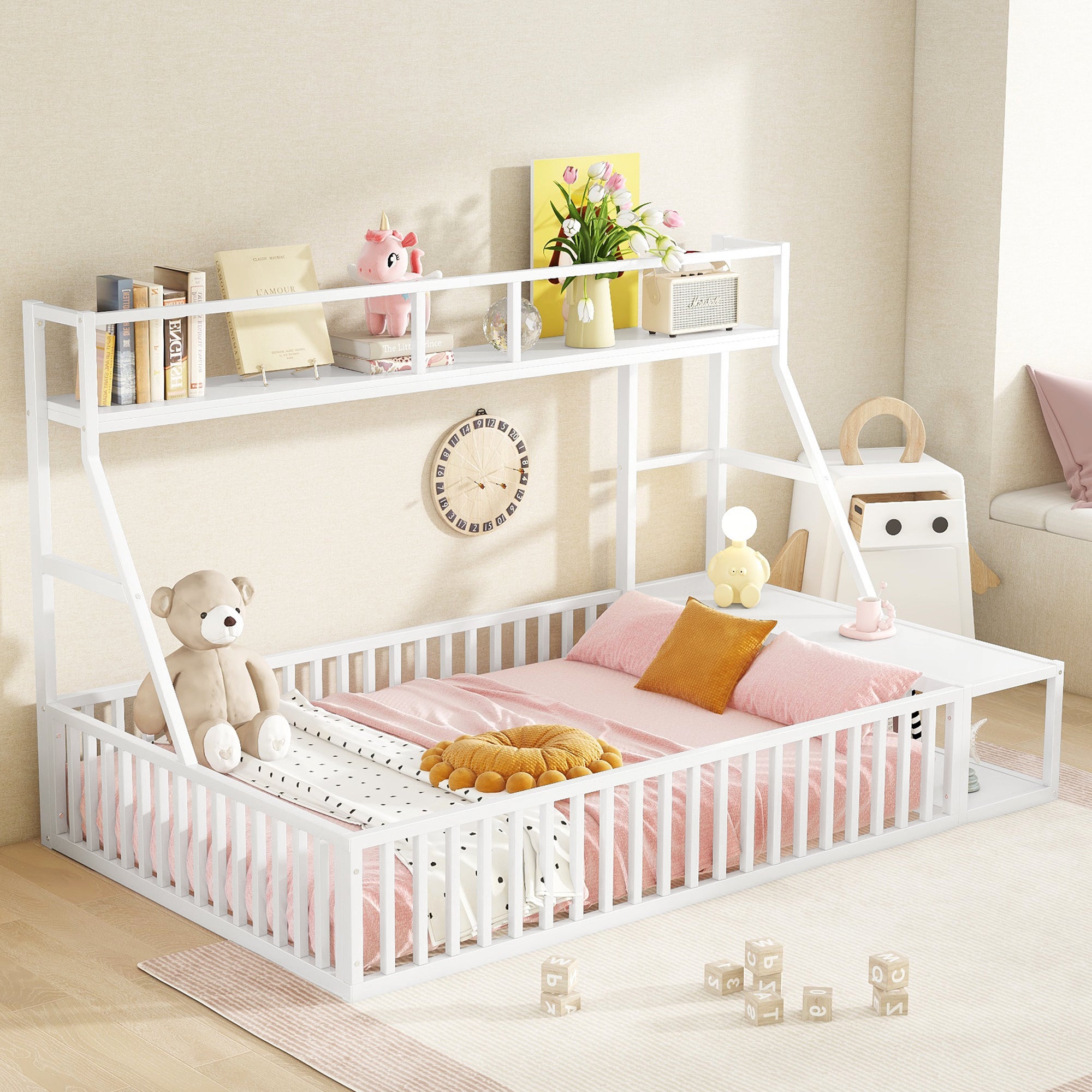 Full Size Metal Floor Bed Frame with Desk, Shelves, Safety Fence, White