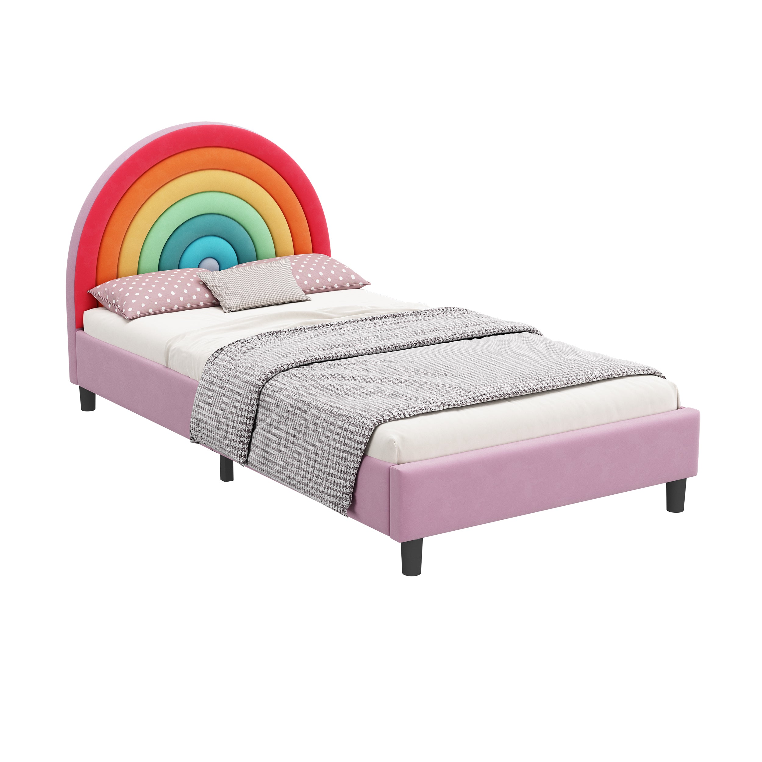 Rainbow Upholstered Twin Bed: Cute Pink Princess for Kids & Teens