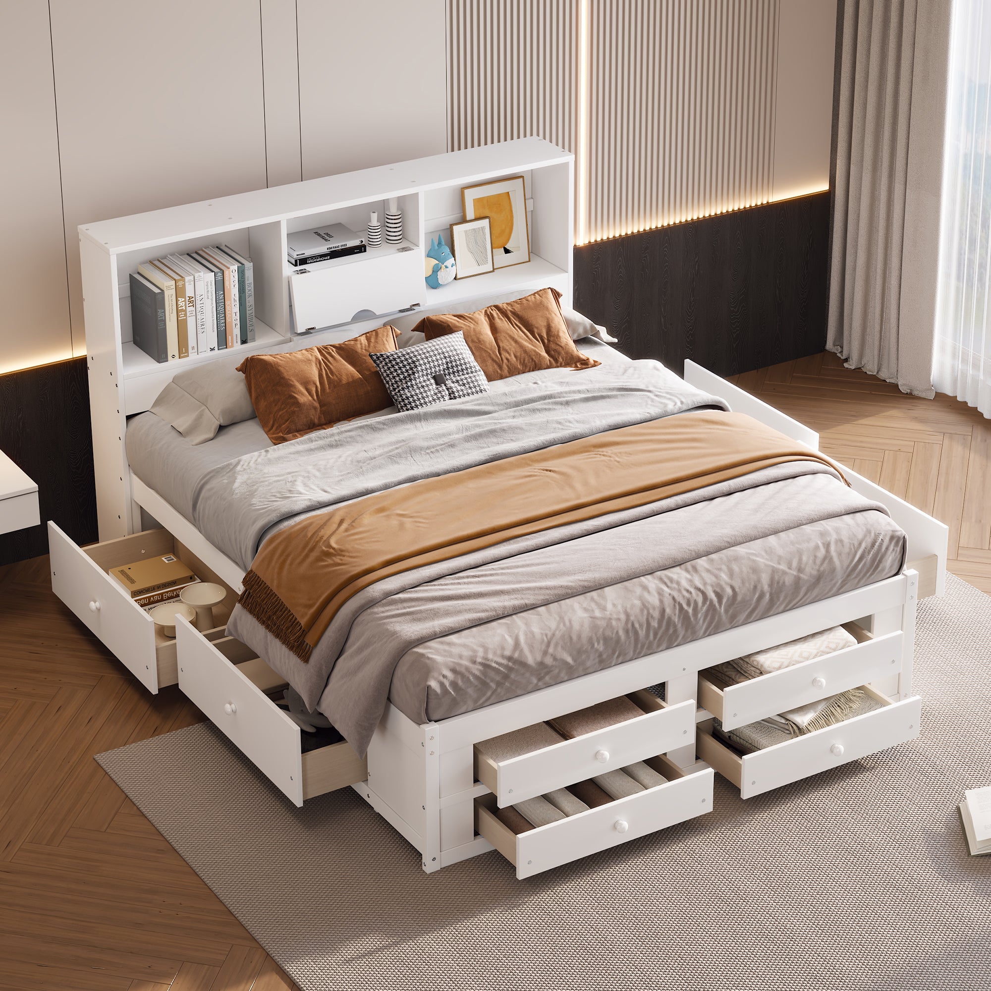 King Size White Platform Storage Bed w/ 8 Drawers & Headboard