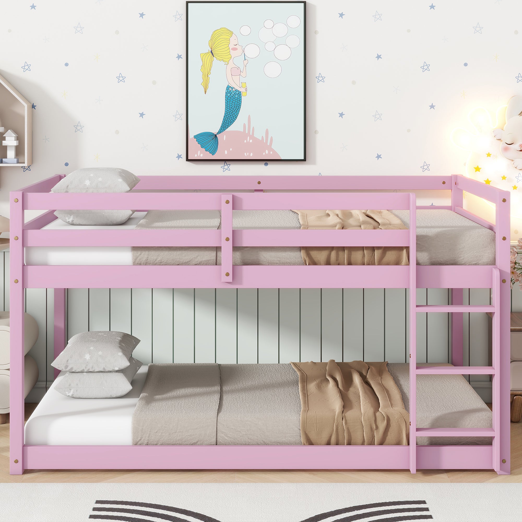 Pink Solid Wood Twin Over Twin Floor Bunk Bed w/ Ladder & Slats