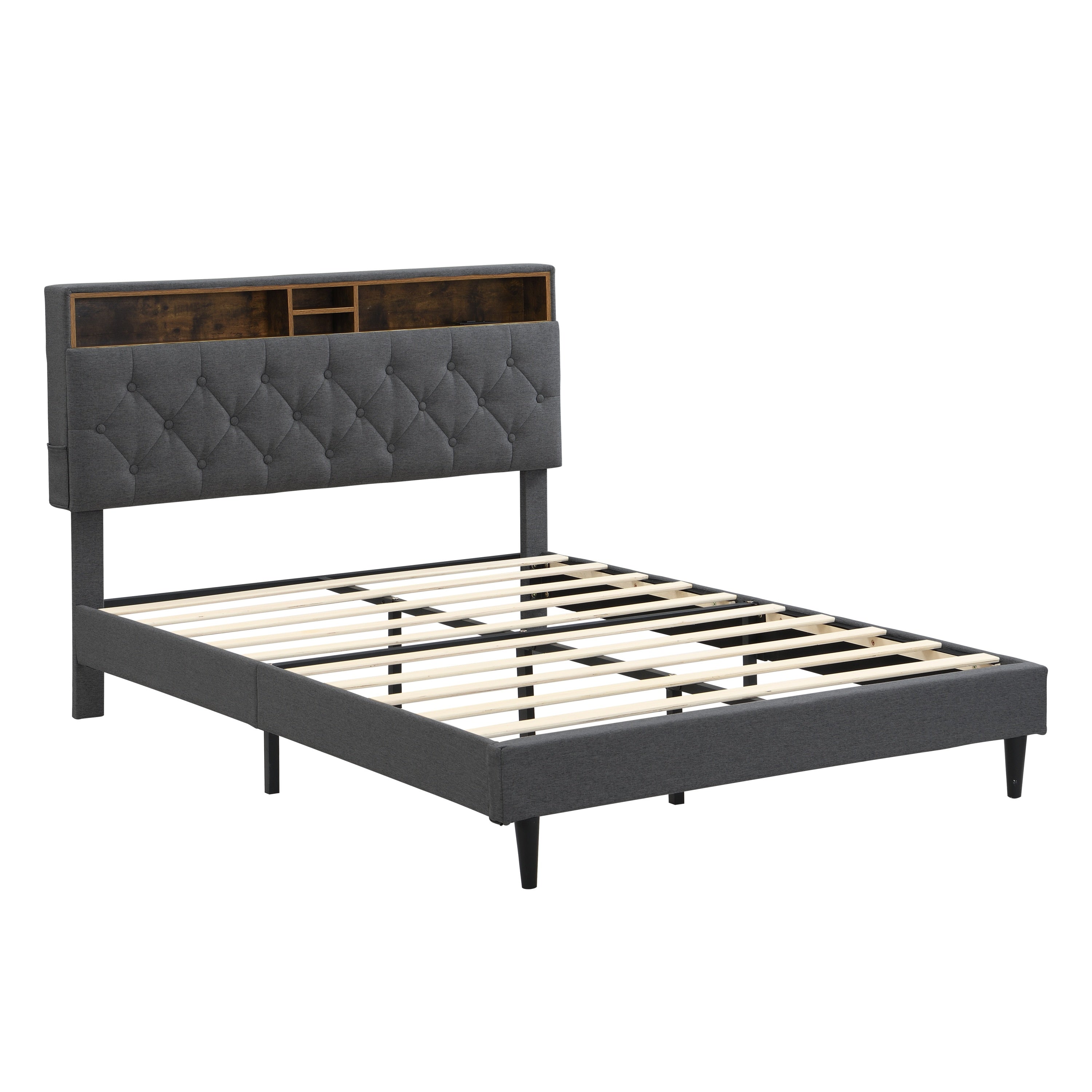 Modern King Platform Bed: Linen, USB, Dark Grey