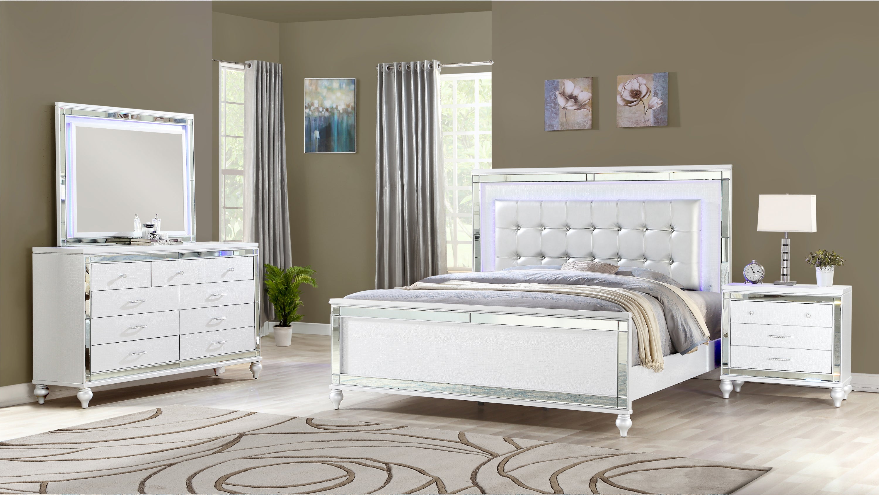 STERLING Queen 4PC White Wood LED Bedroom Set - CA Inventory