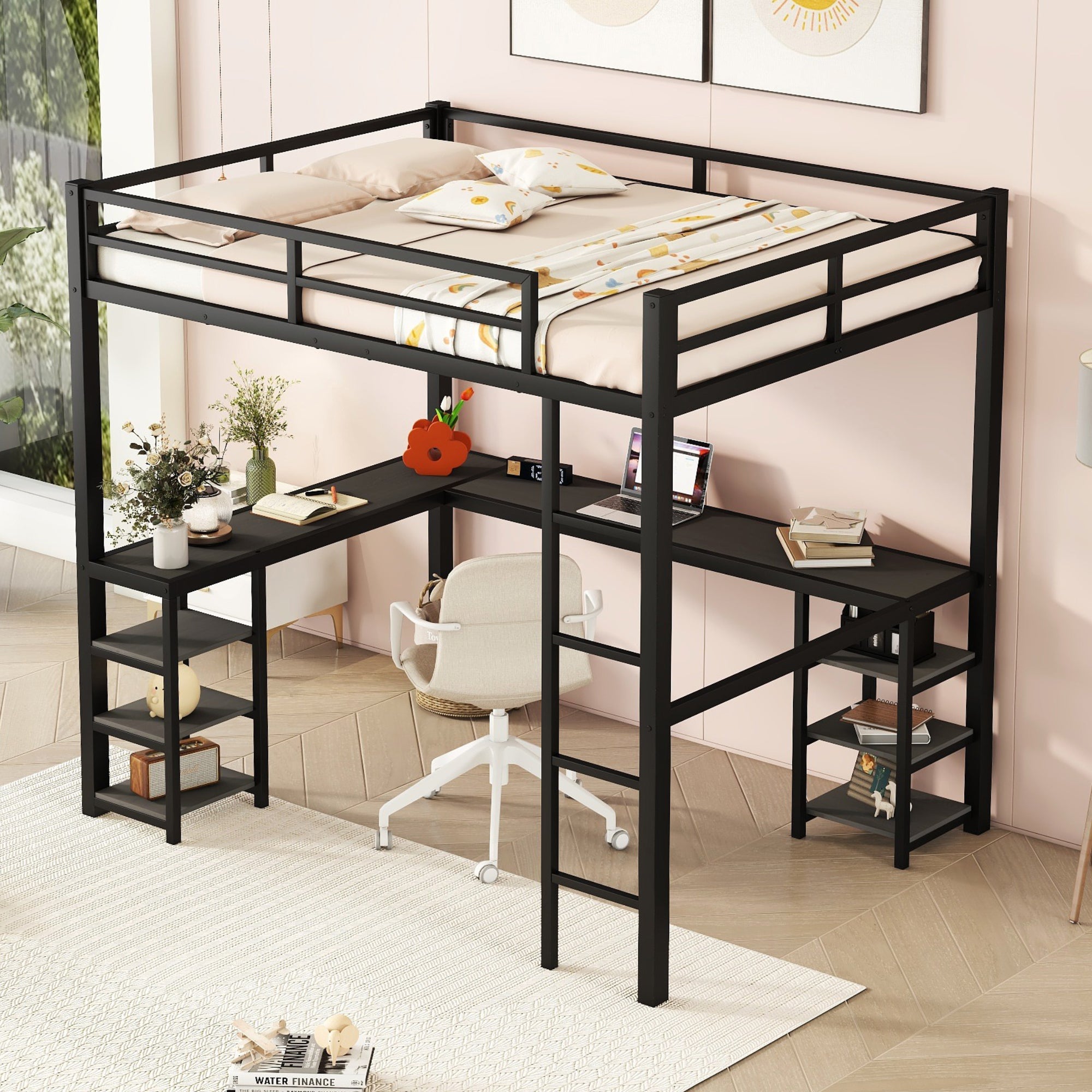 Full Metal Loft Bed w/ Desk, Shelves, Ladder, Guardrails - Black