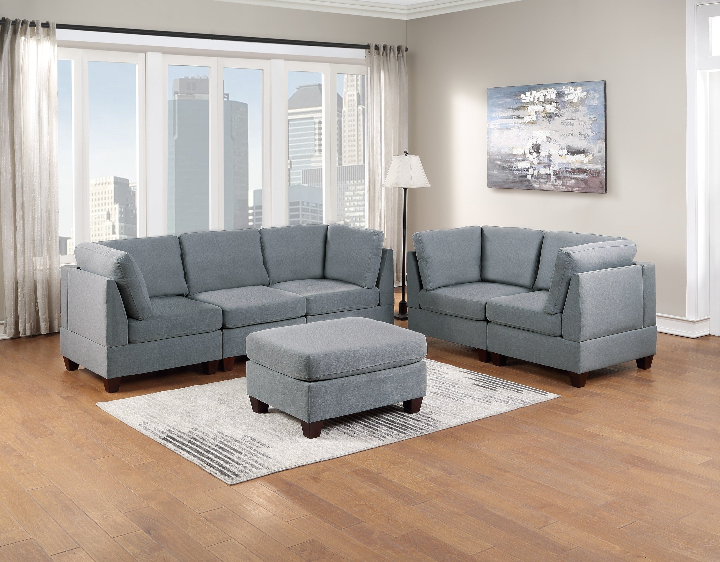 Modular Sofa Set 6pc Grey Linen Living Room Furniture