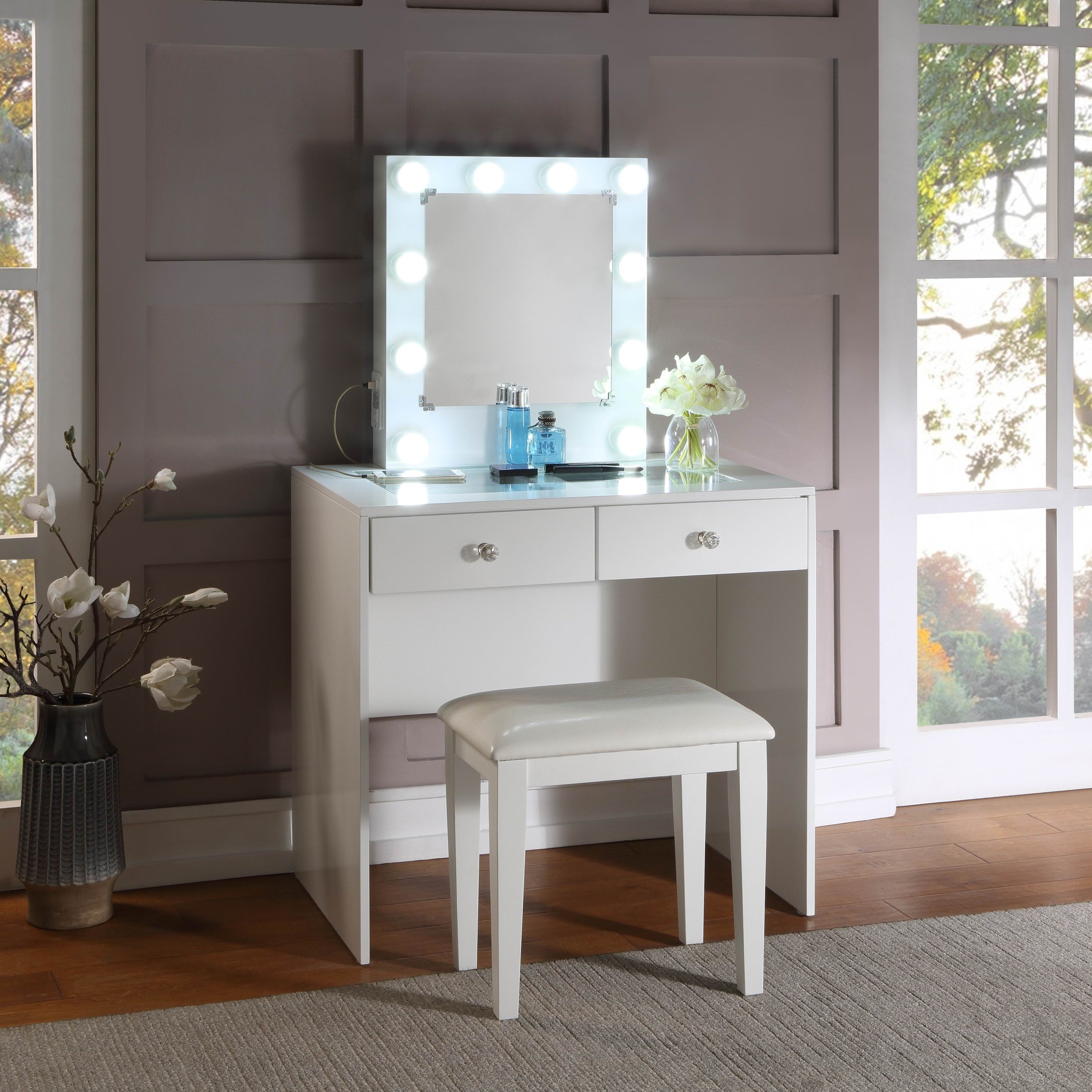 White Makeup Vanity & Stool Set, 10 Lights, USB Port & Outlet