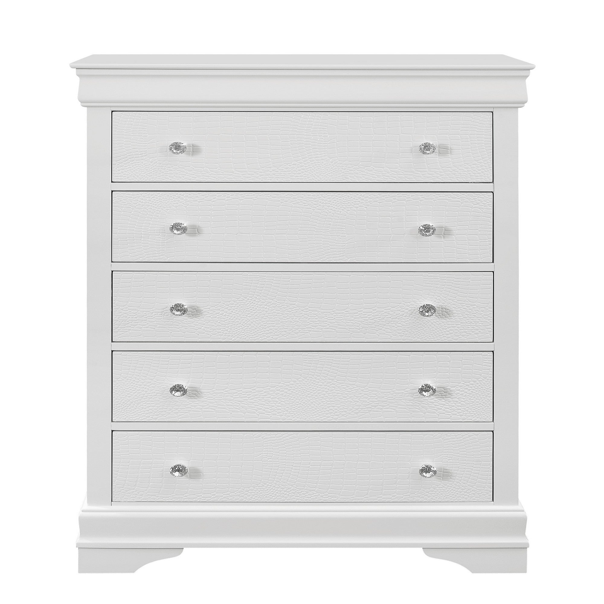 White Crocodile Chest: Crystal Hardware & Textured Drawers