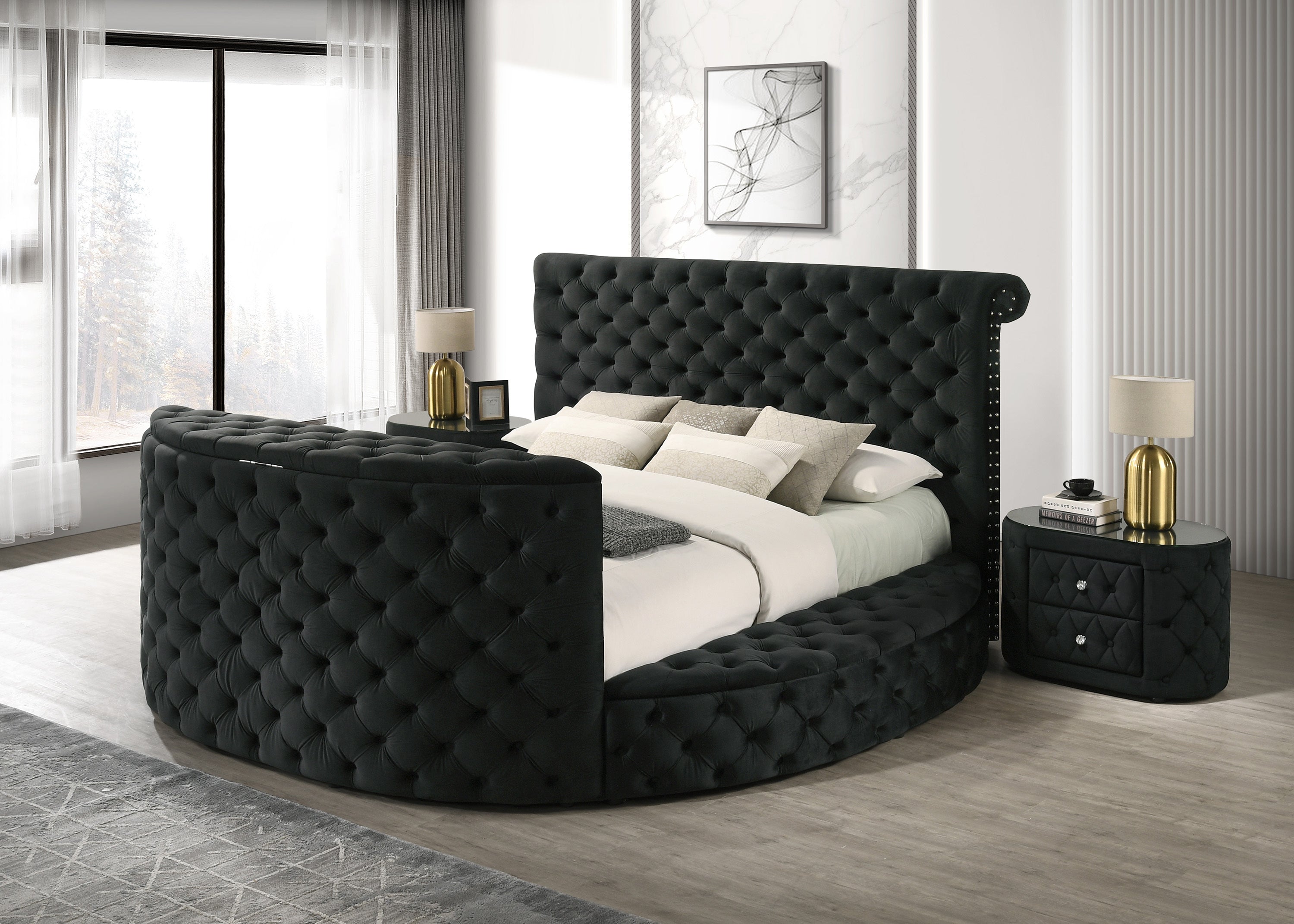 Luxurious Black Velvet Tufted Queen Bed Set: TV Lift, Fireplace, Storage