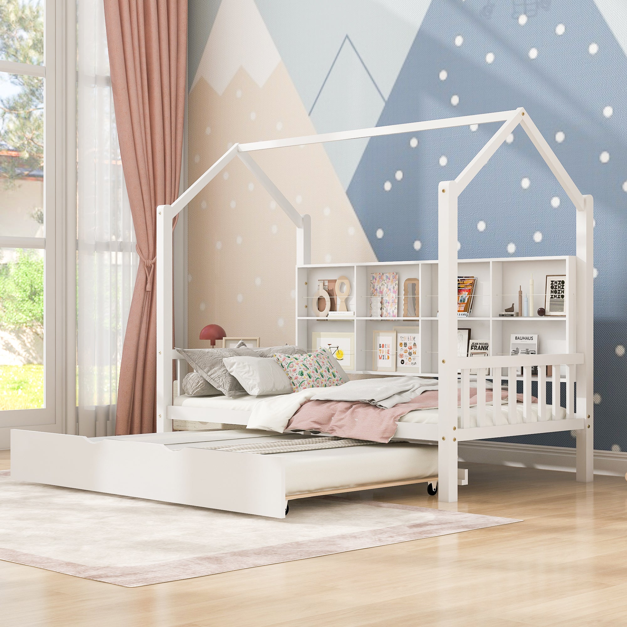 White Wooden Twin House Bed with Trundle & Shelf for Kids