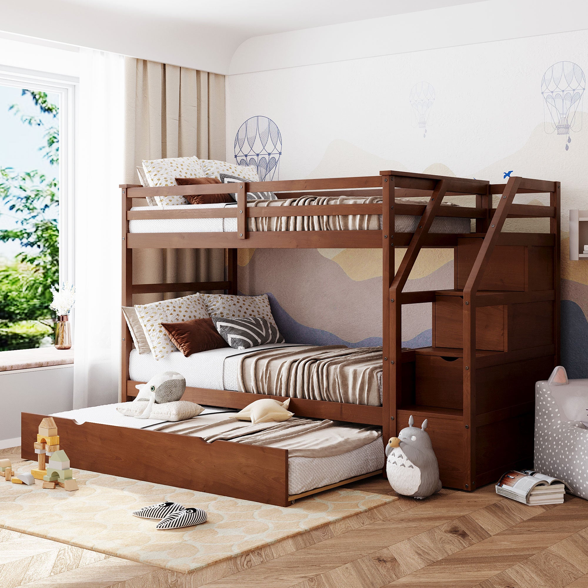 Twin-Over-Twin Bunk Bed with Trundle & 3 Storage Stairs, Walnut Finish