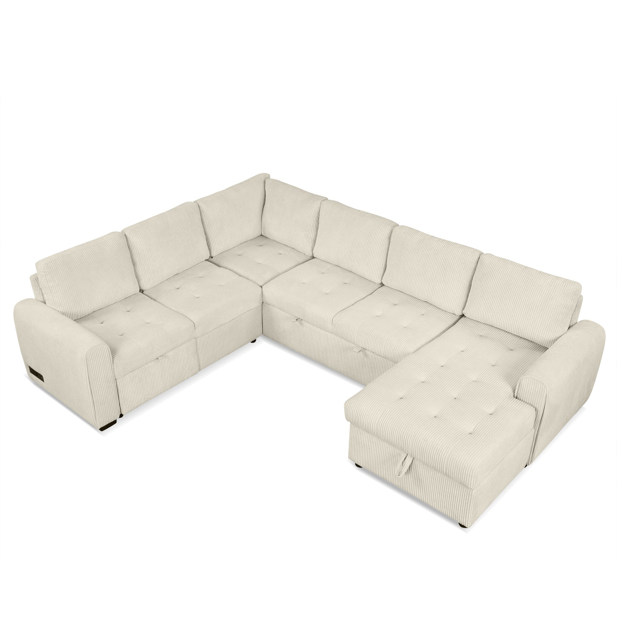 Beige U-Shaped Corduroy Sectional Sofa with Pull-out Bed & Storage