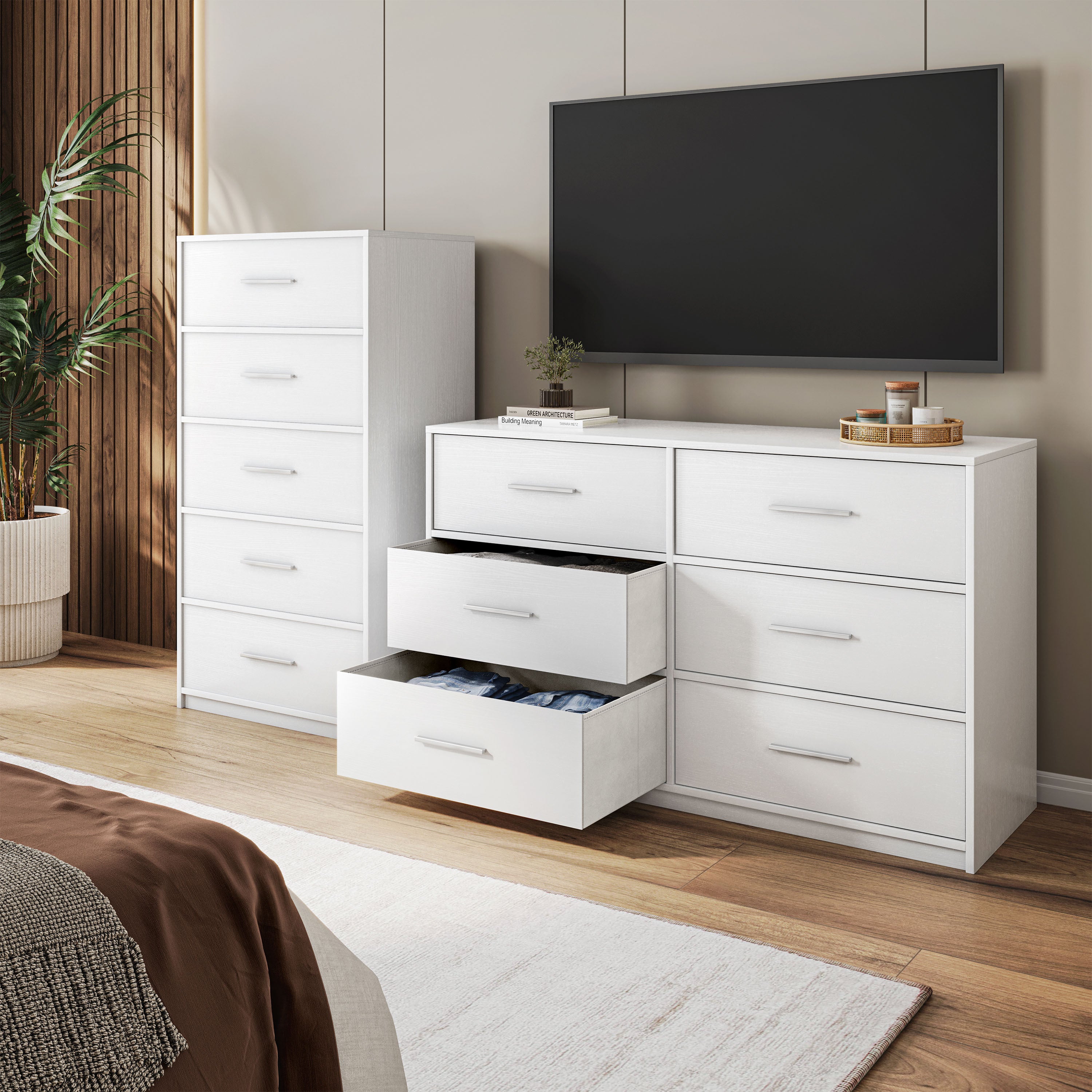 White 5-Drawer Dresser with Large Fabric Drawers Storage
