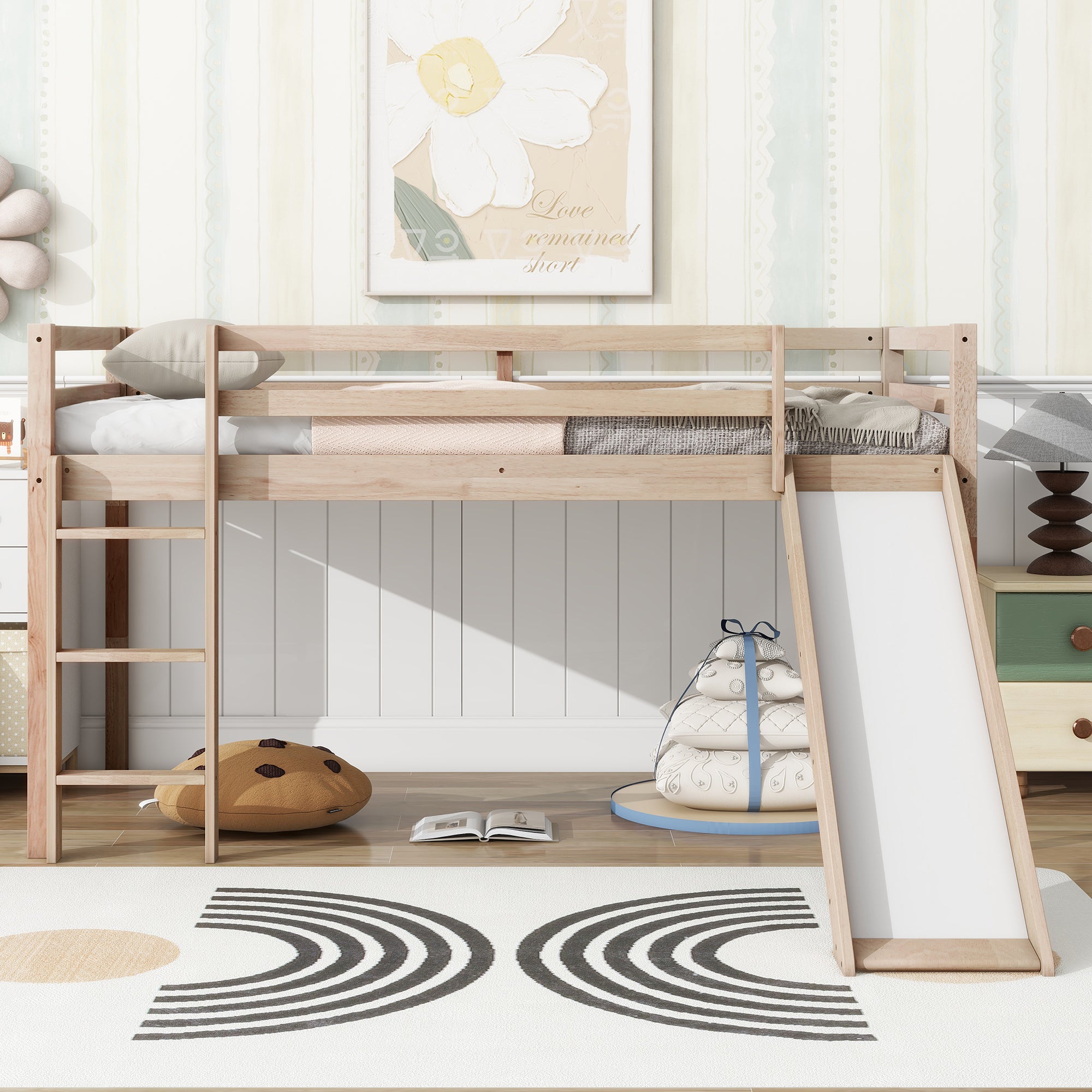 Twin Low Loft Bed with Slide, Ladder & Guardrails - White Oak