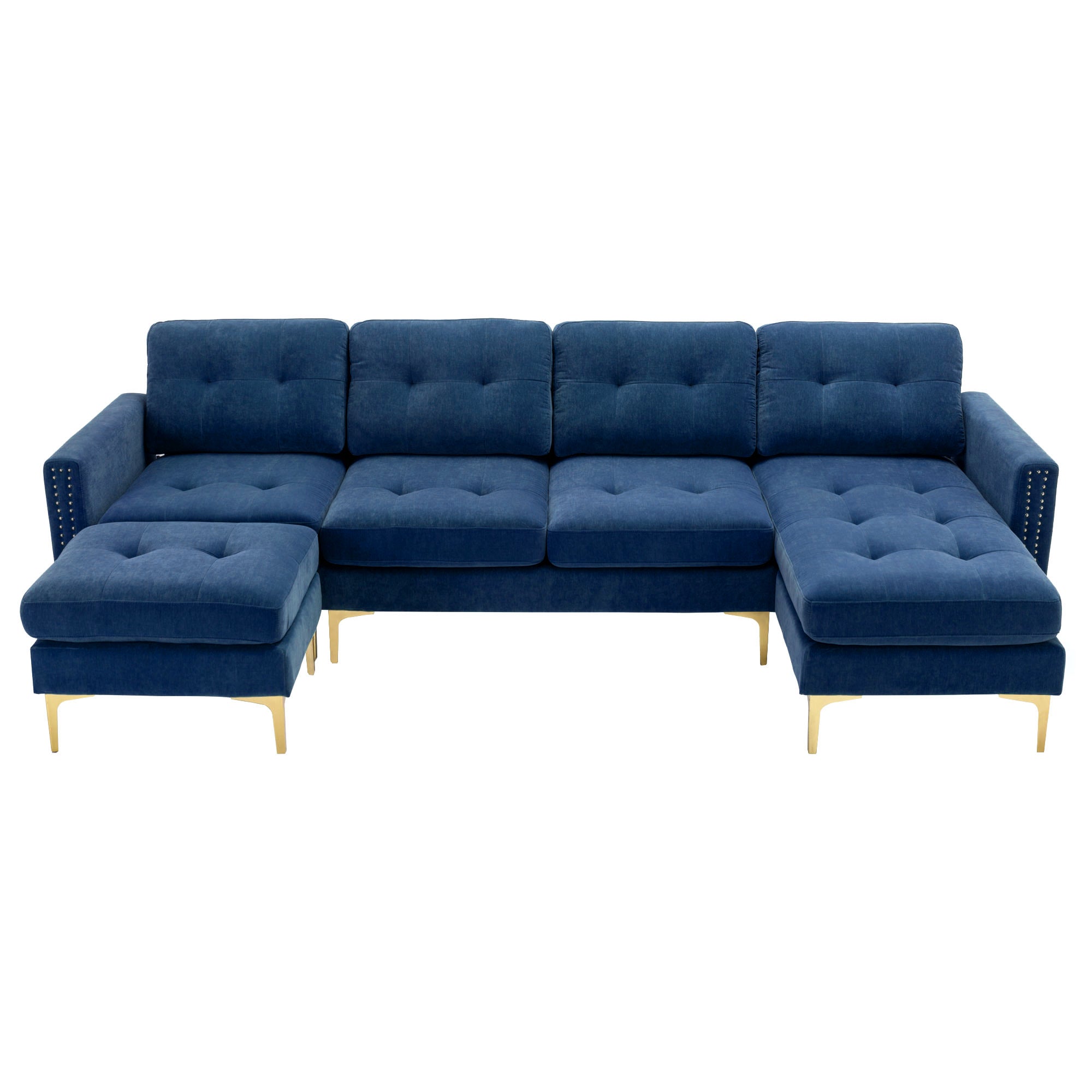Blue Velvet Convertible L-Shape Sectional Sofa w/ Ottoman