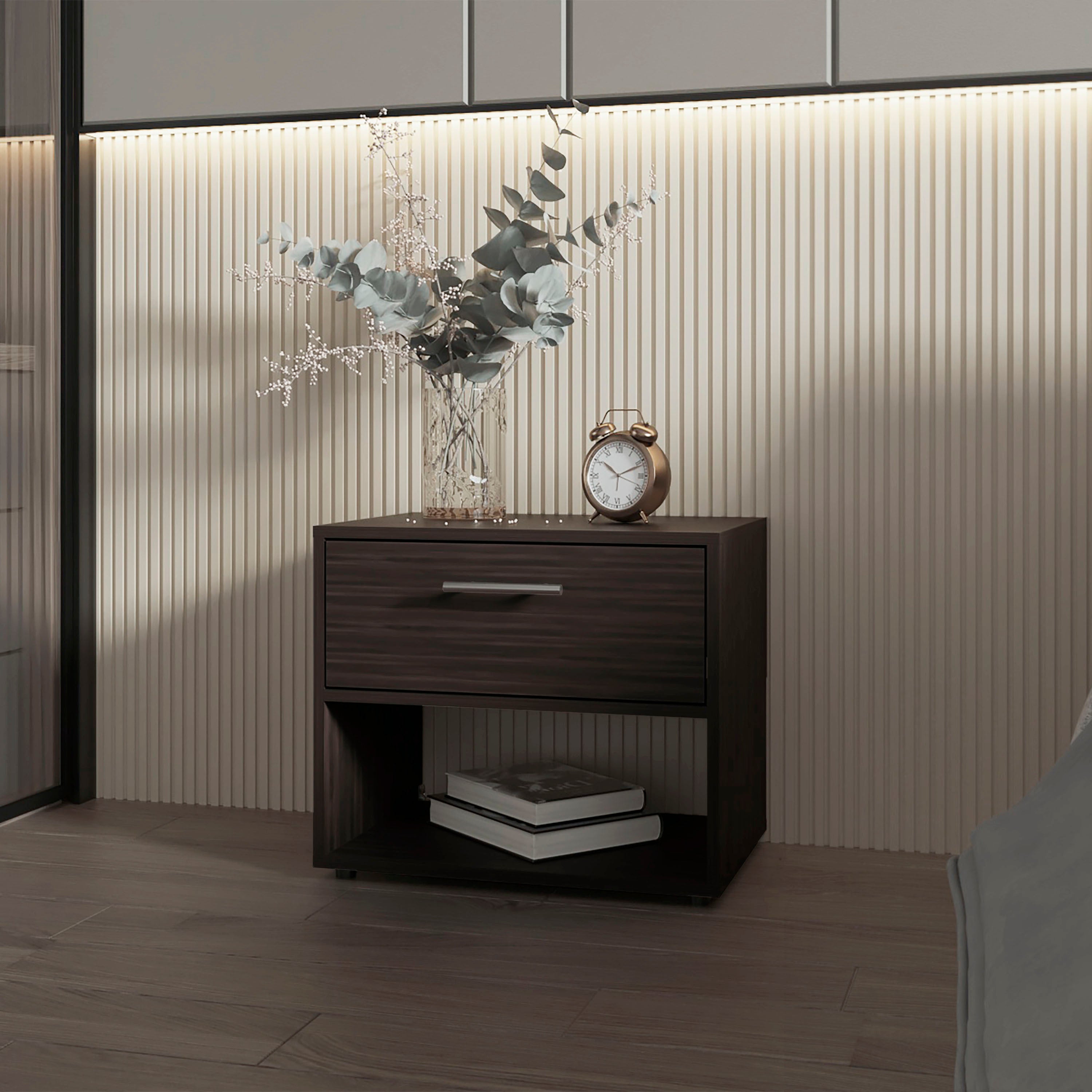 FM Furniture Round Rock Stained Walnut Nightstand with Drawer