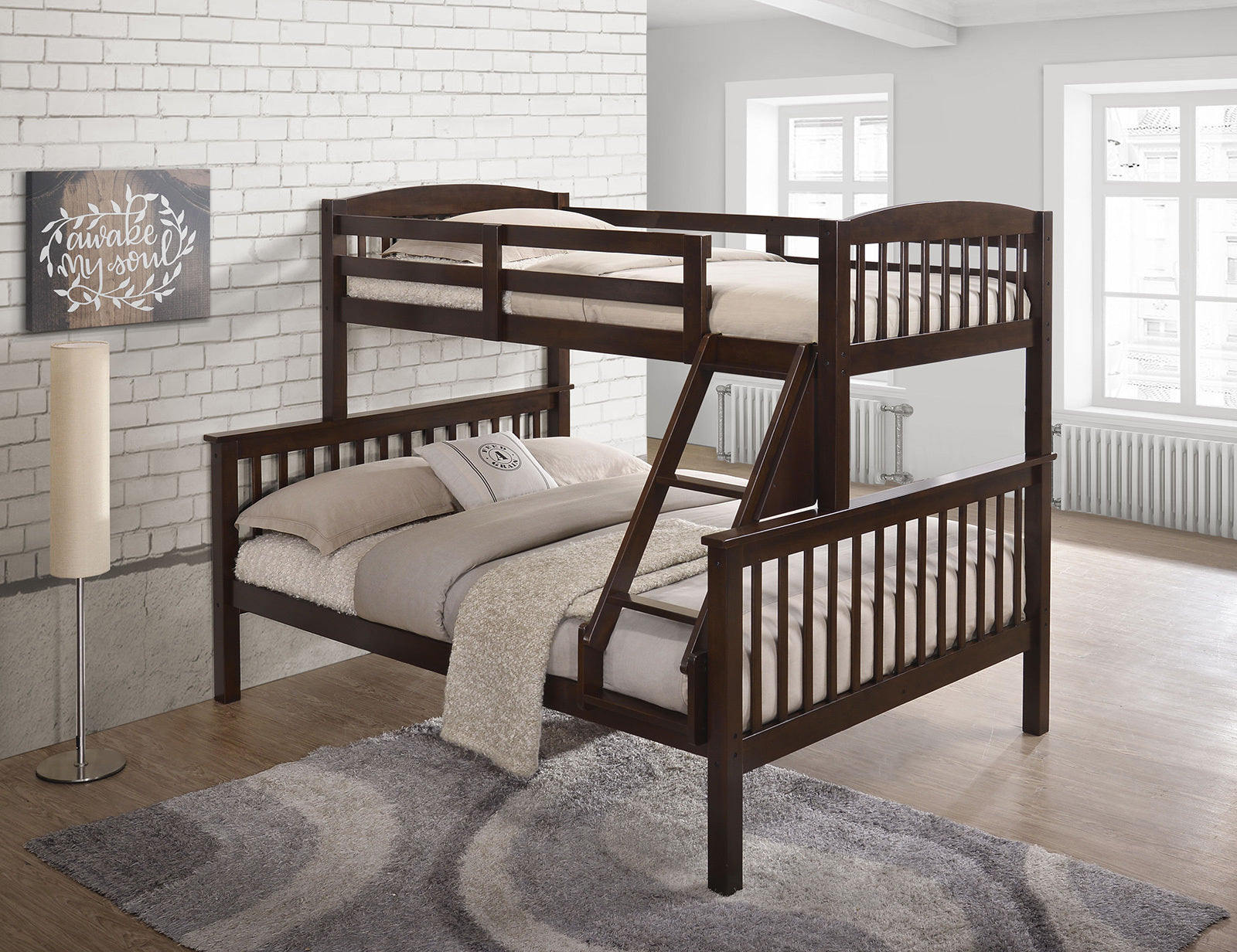 Transition Twin Full Bed, Slat Design, Angled Ladder, Rich Cherry Wood