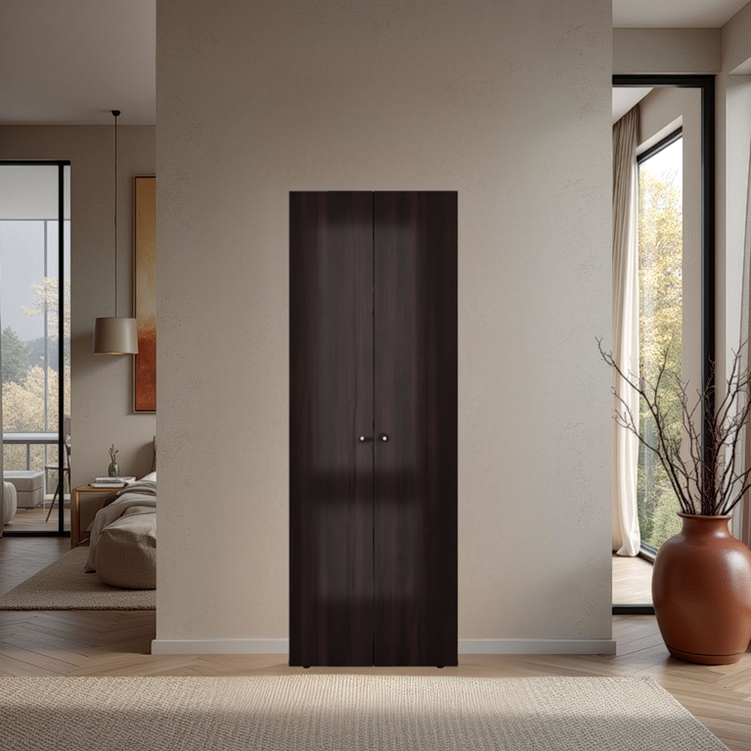 Modern 2-Door Closet Armoire | Rod, Shelf & Walnut Storage