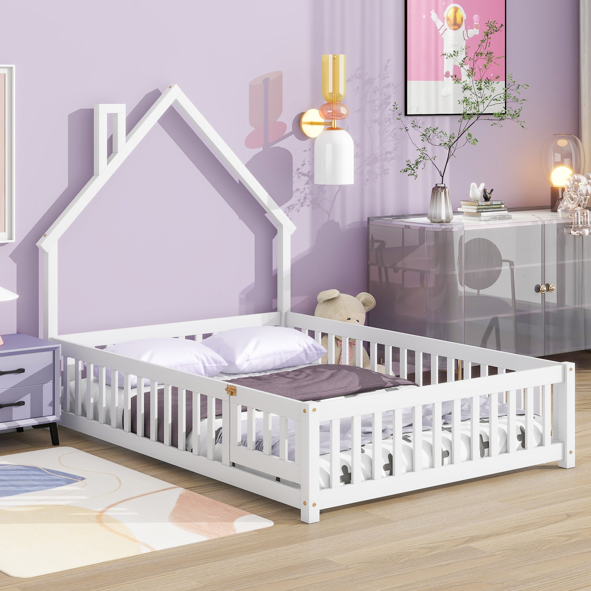 White Full House Floor Bed with Headboard & Fence for Kids