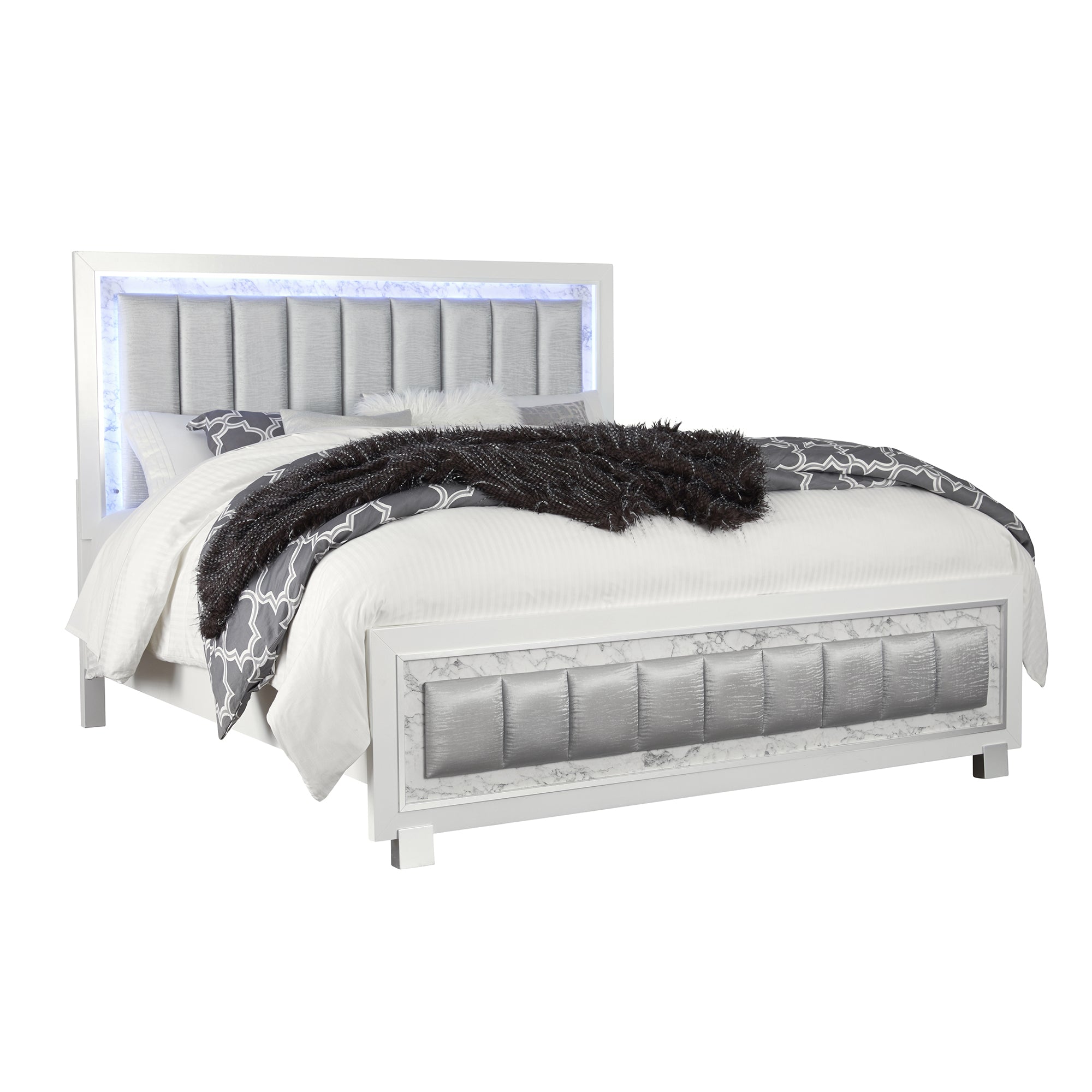 Skye Marble White King Bed with LED & Padded Headboard, Solid Wood