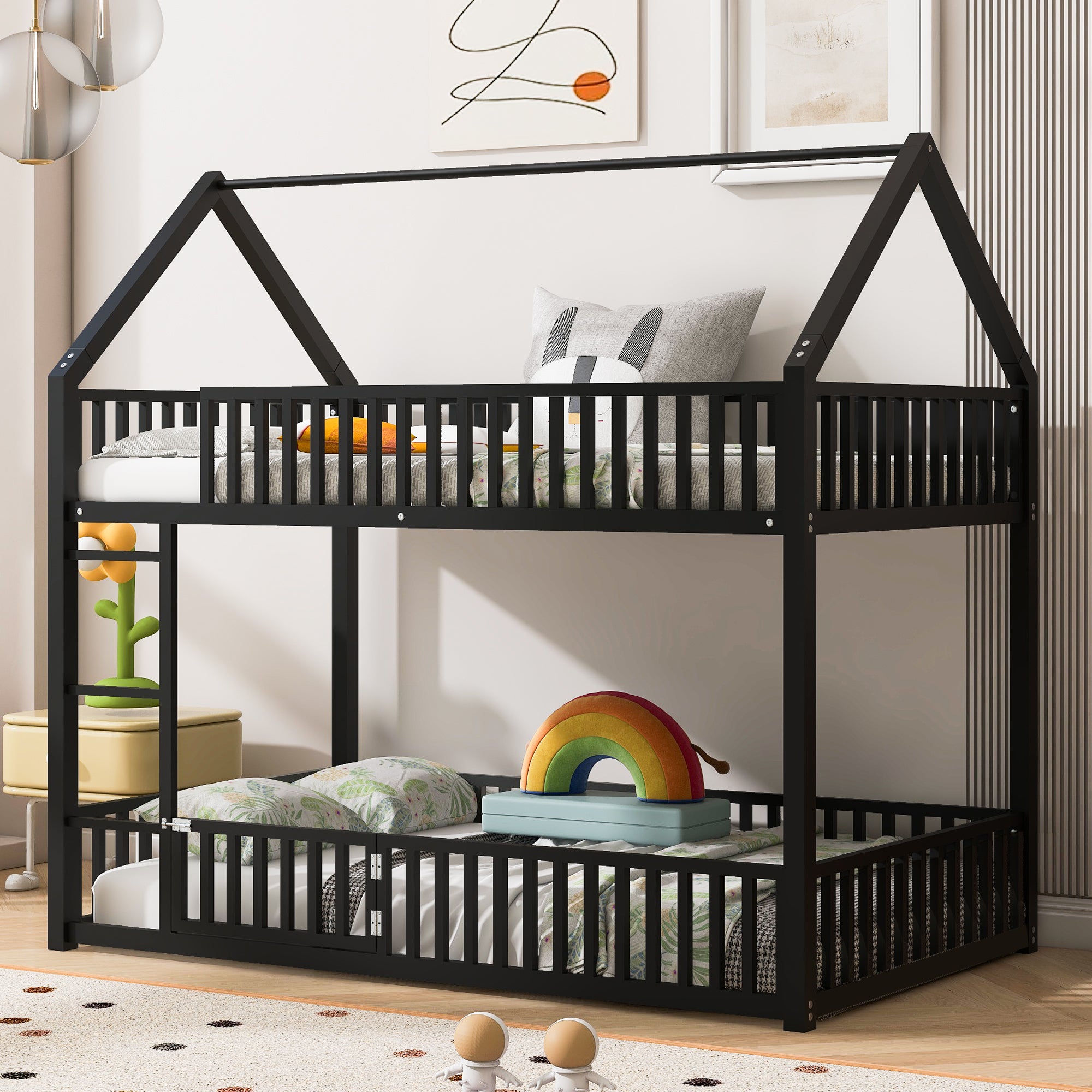 Black Metal Twin over Twin House Bunk Bed with Fence & Door