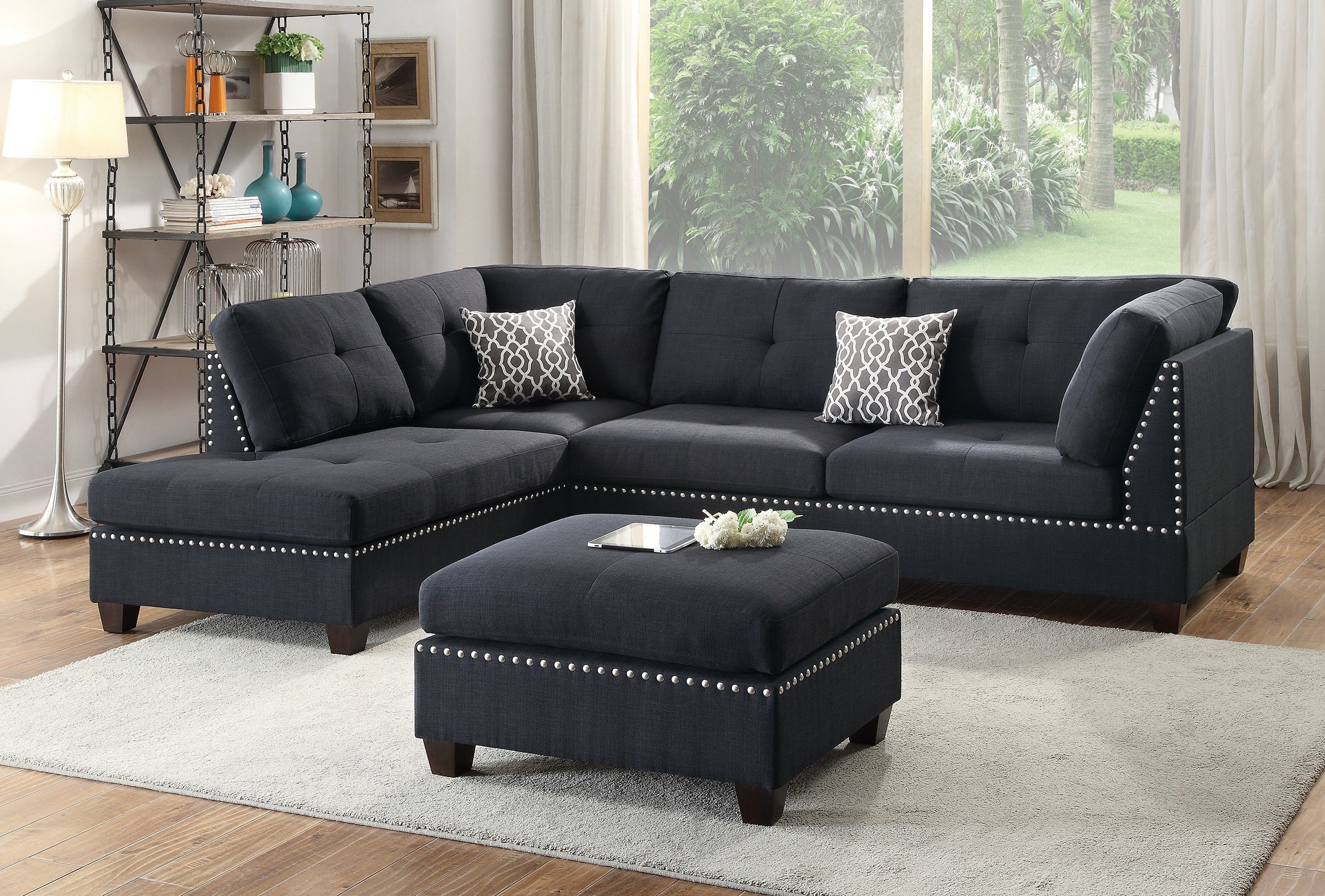Black Polyfiber Sectional Sofa with Reversible Chaise & Ottoman