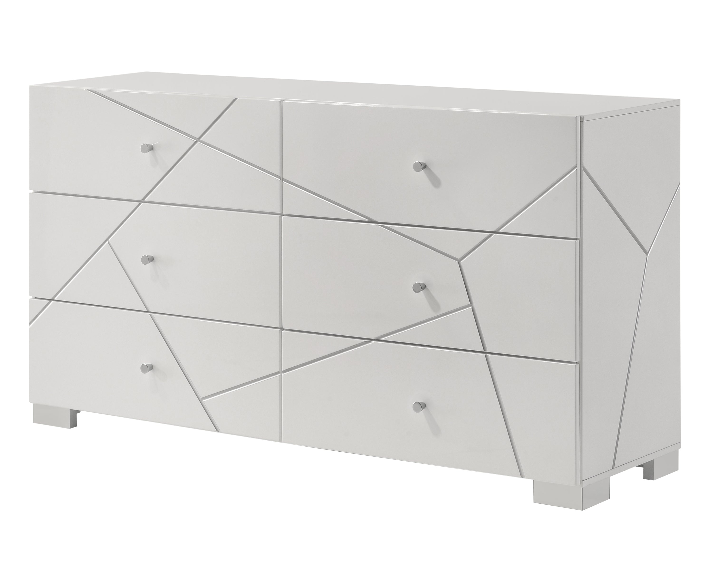 Contemporary White High-Gloss Geometric 6-Drawer Dresser