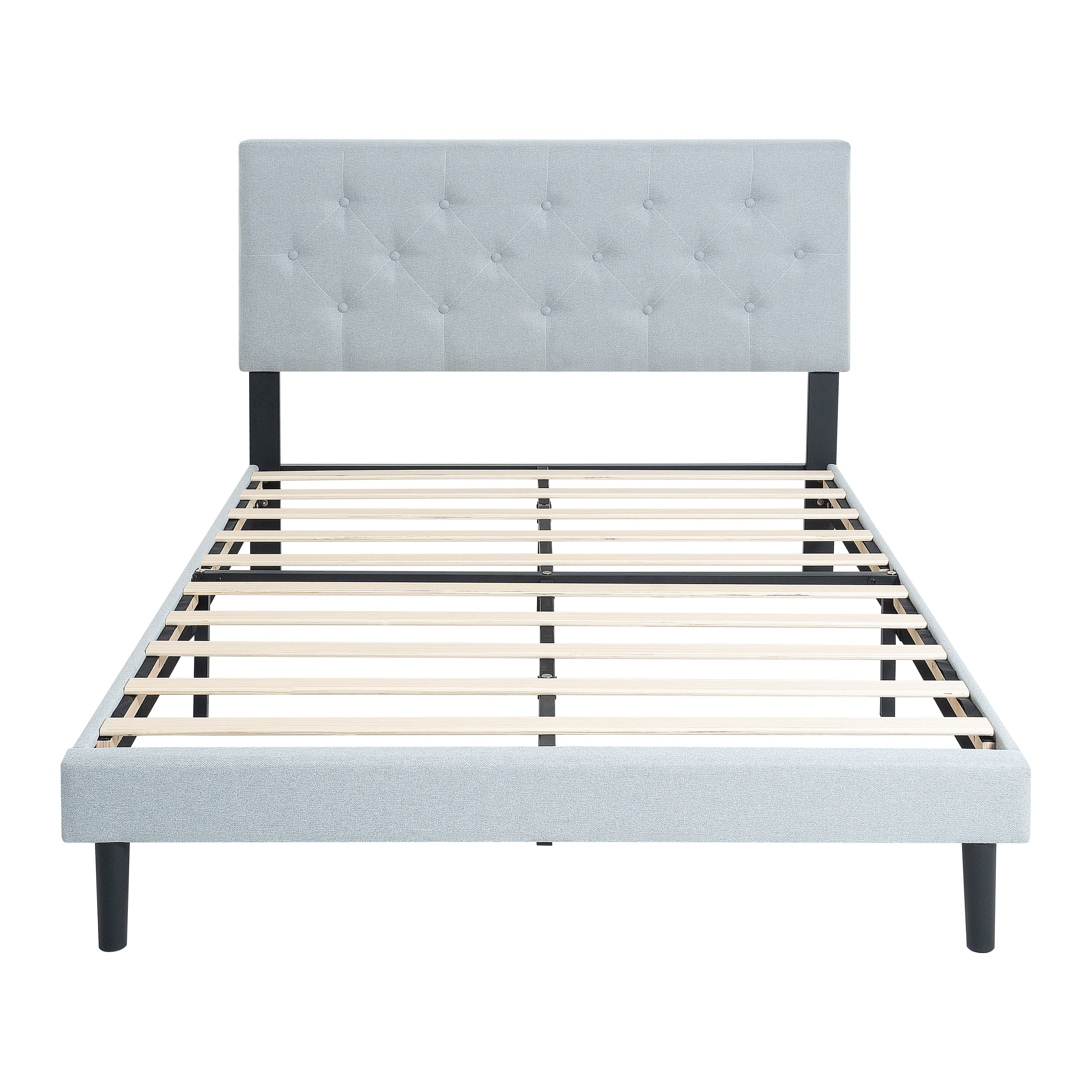 Modern Twin Upholstered Platform Bed - Button Tufted Gray Headboard