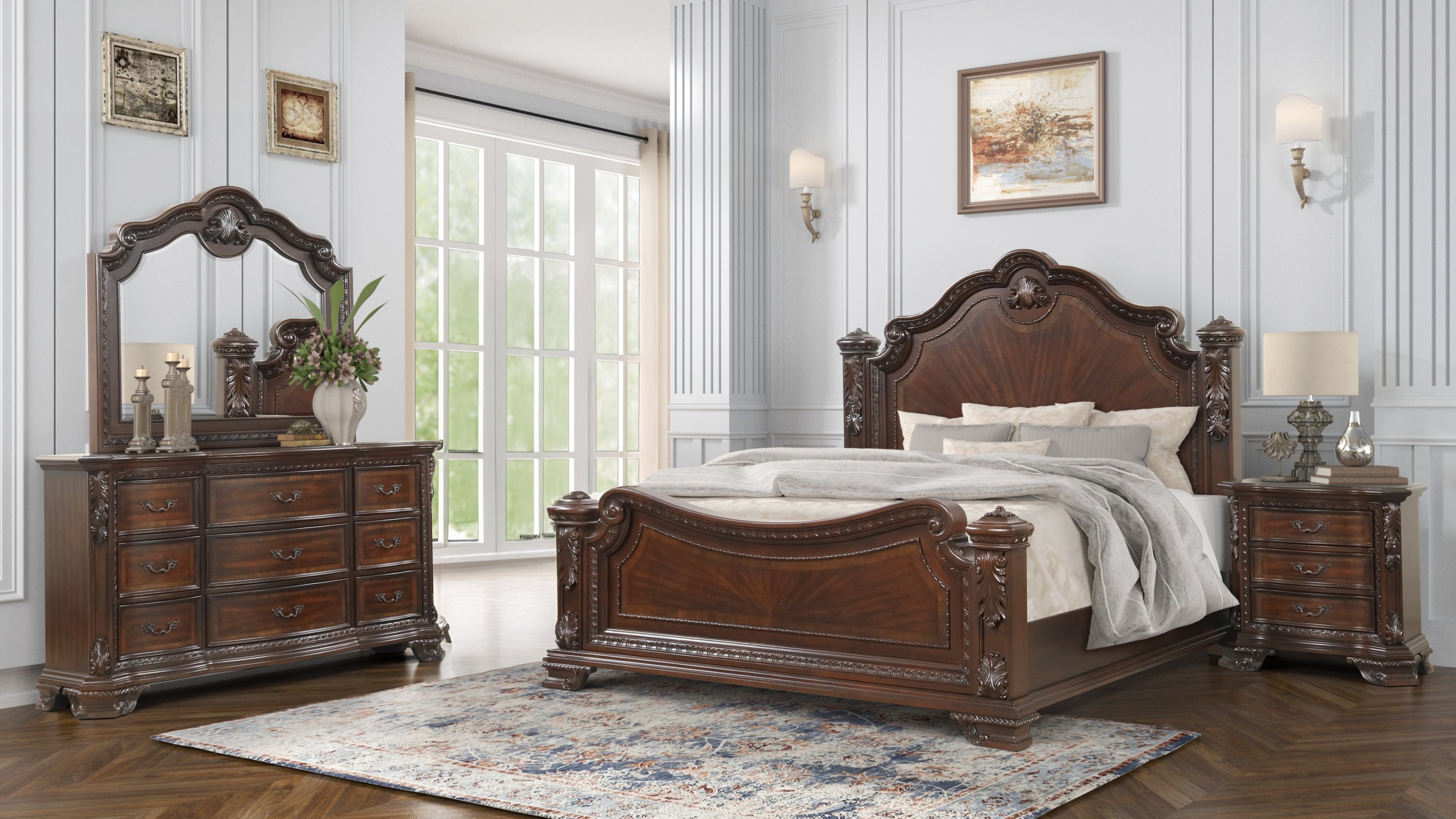 Traditional Queen Bedroom Set | Walnut Wood Carvings | 4 Pc