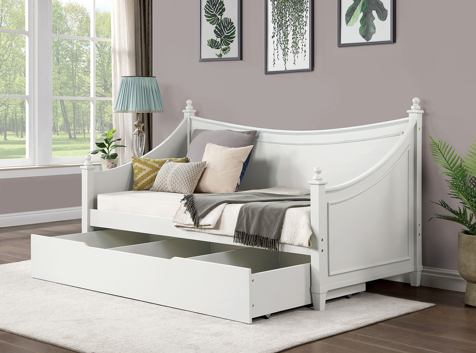 Transitional Twin Daybed: White Wood, Mattress Ready, Finials