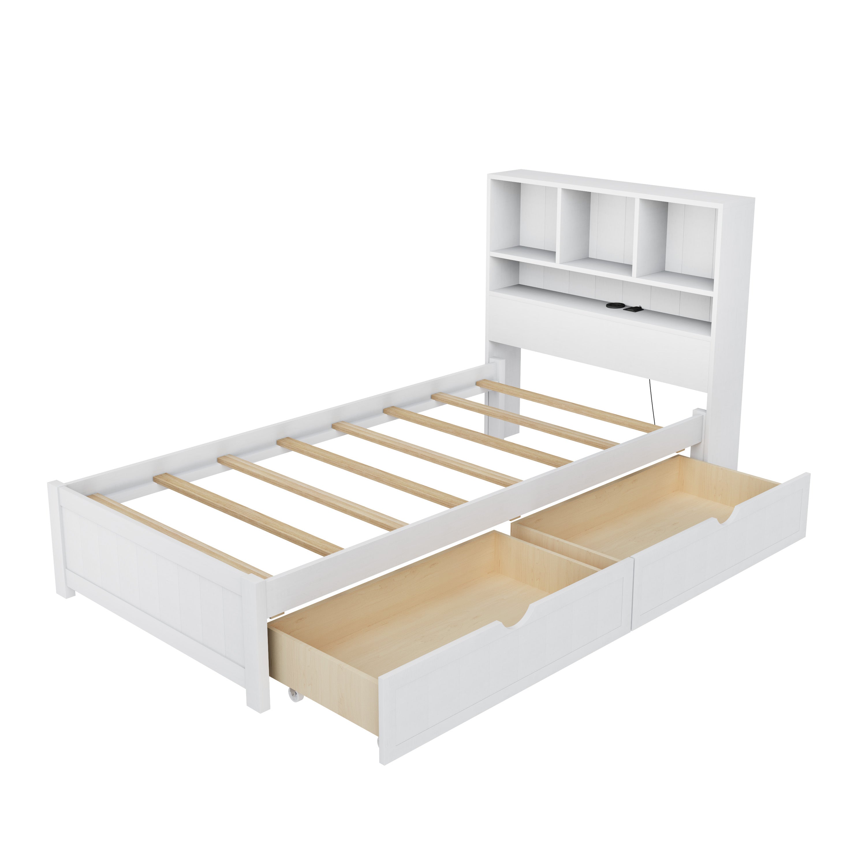 White Twin Wood Platform Bed: Bookcase, Downlight, USB, Storage Drawers
