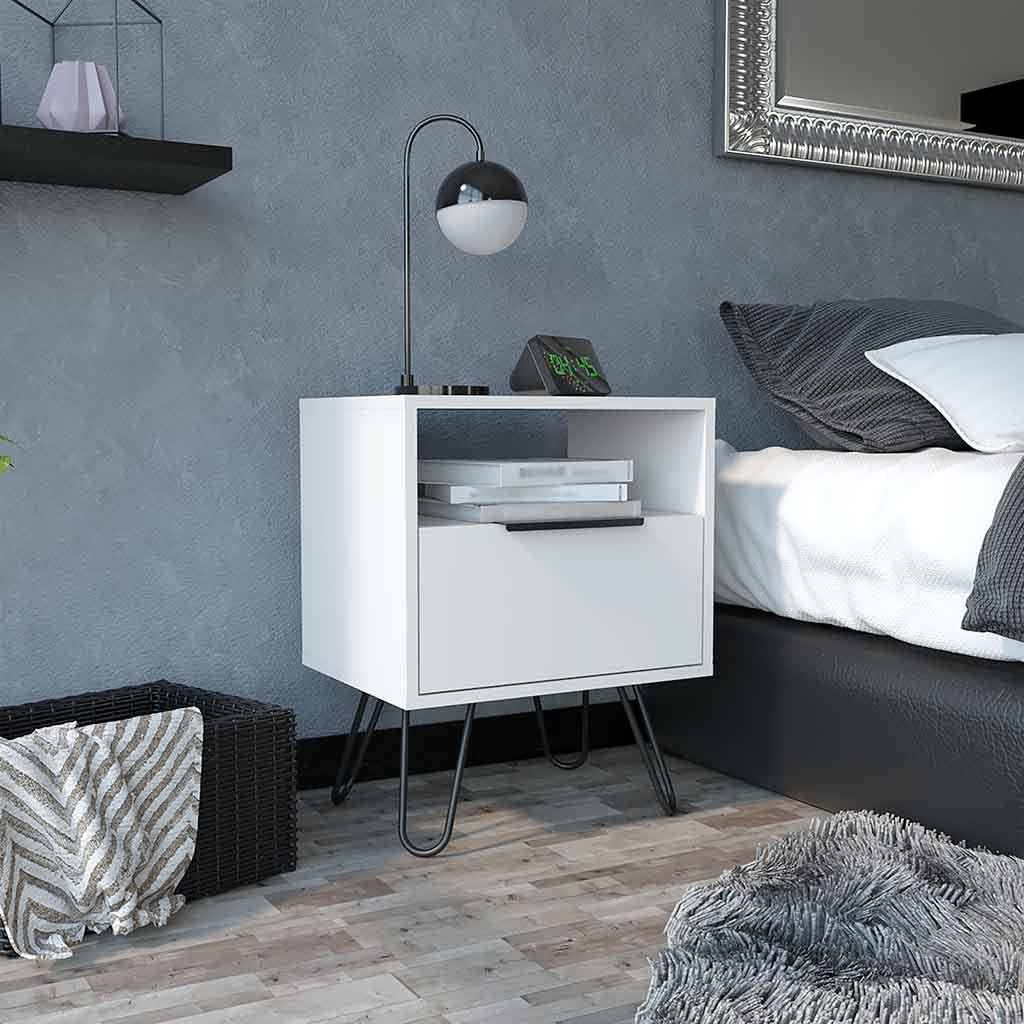 Skyoner White Nightstand: Single Drawer, Hairpin Legs