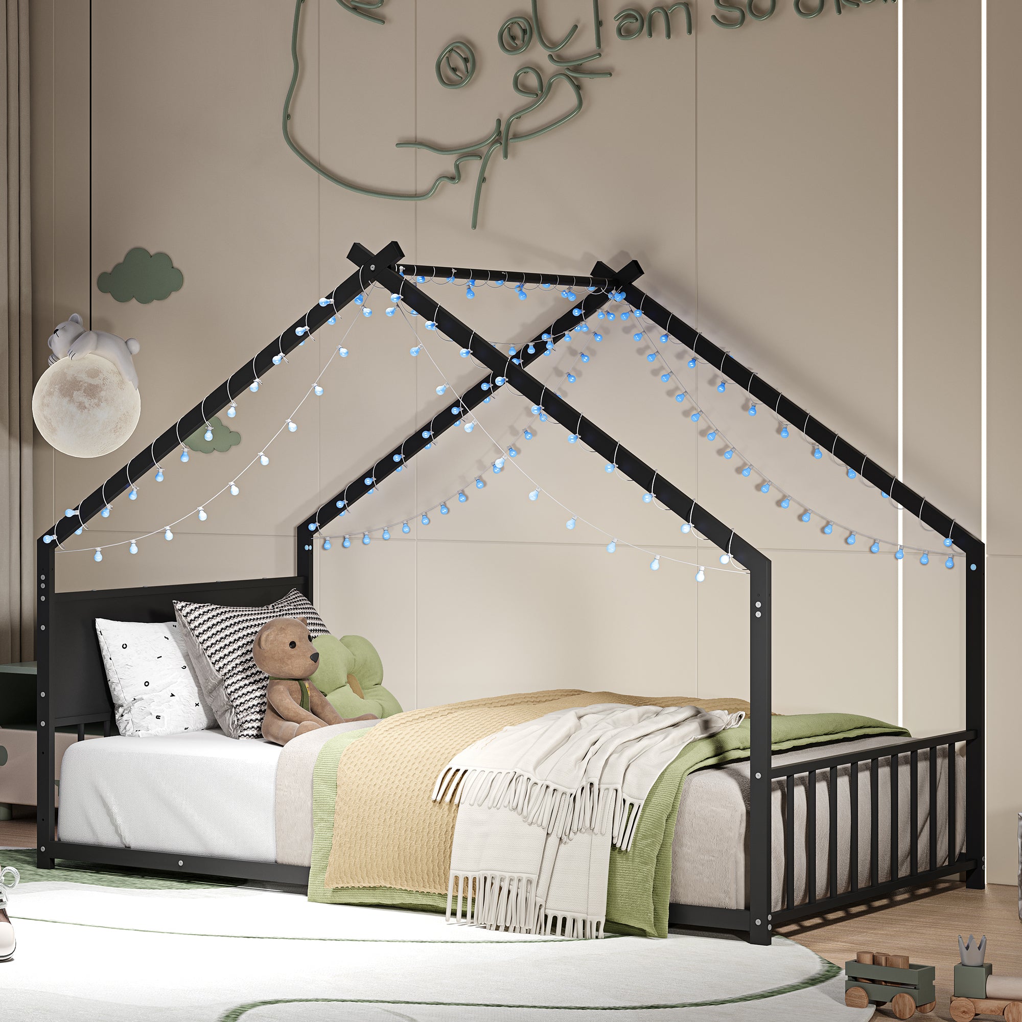 Black Twin House Bed Frame with Roof, Colorful Lights & Slats