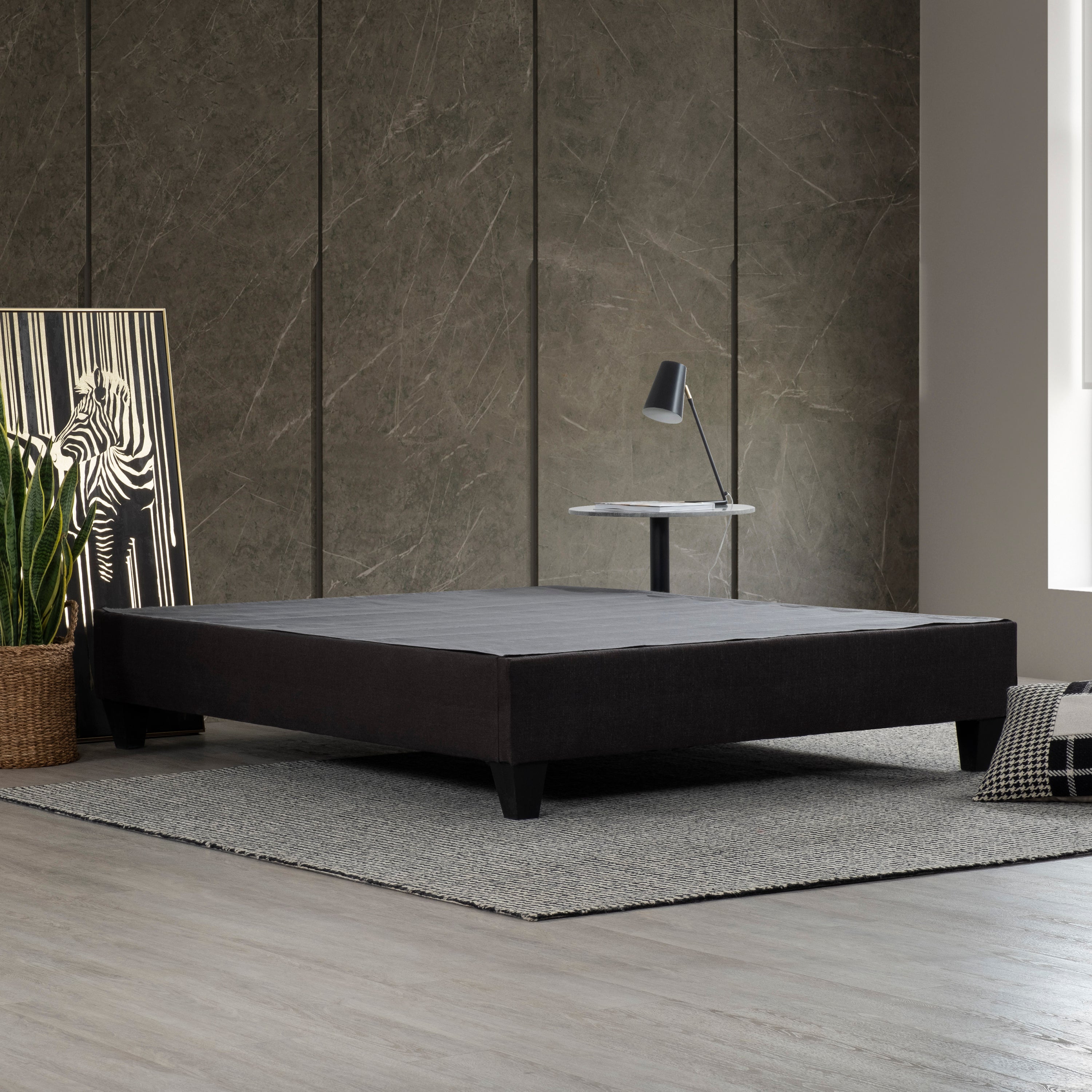 Modern Full-Size Upholstered Platform Bed Frame - Dark Grey Wood Base