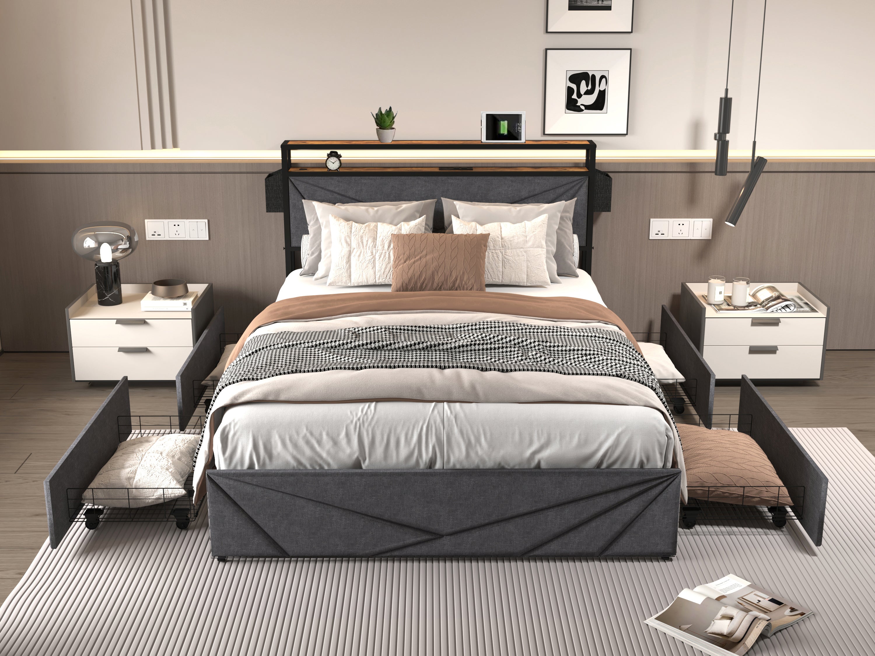 Full Bed Frame: Storage Headboard, Charging, Noise-Free, No Box Spring