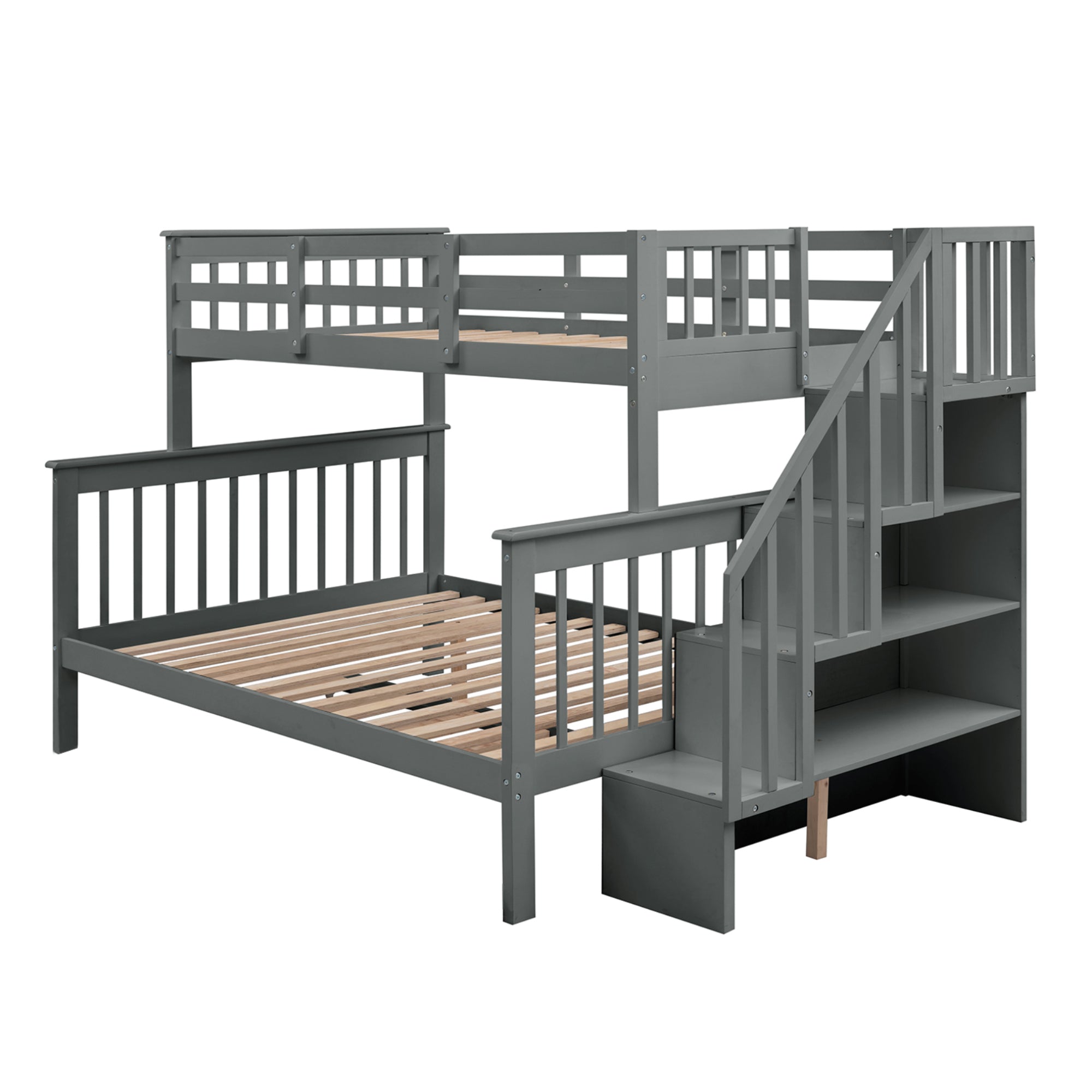 Elegant Gray Solid Wood Twin/Full Stairway Bunk Bed w/ Storage
